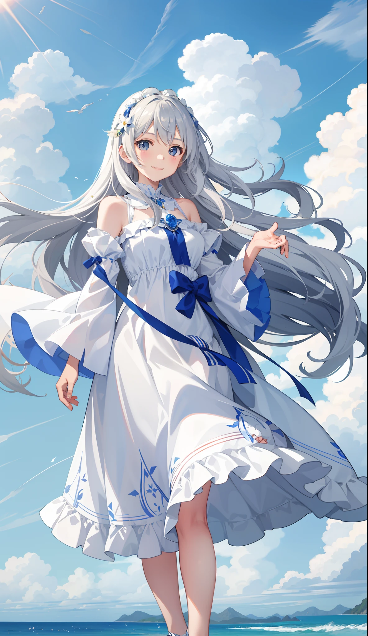 1girl in、A smile、A delightful!　robe blanche、Wind Fairy、the wind、mare、suns、