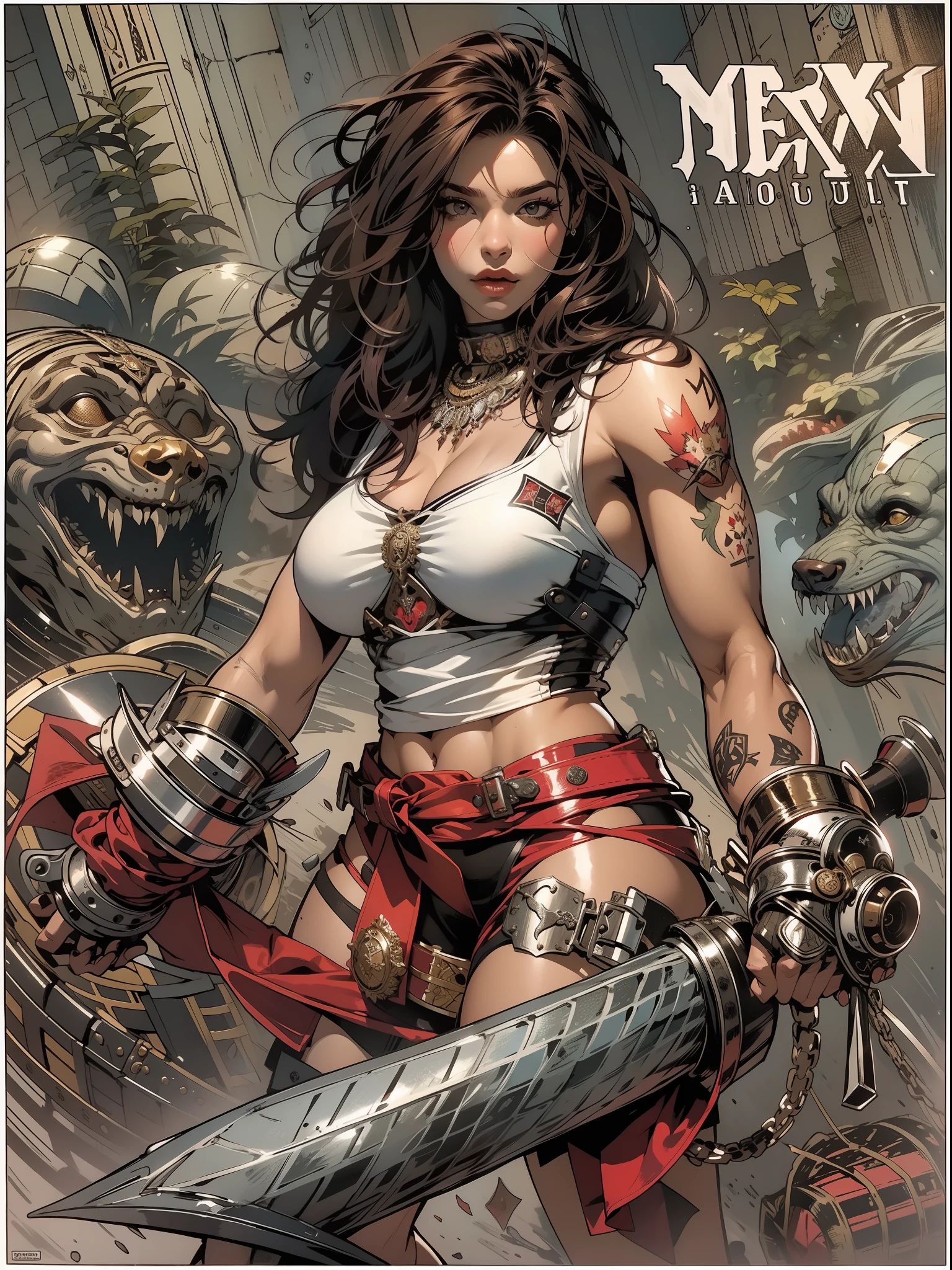 (((mulher))), (((melhor qualidade))), (((obra prima))), (((adulta))), Uma guerreira mulher de 35 anos com corpo perfeito, Brooklyn Gladiators, (( under boobs )), quase nua no estilo selvagem urbano de Simon Bisley para a capa da revista Heavy Metal, cabelo loiro, Minimum clothing, red and white checkered pattern, armadura, cheio de pontas e rebites, tatuagem tribal, (((do joelho pra cima))), cabelo desalinhado