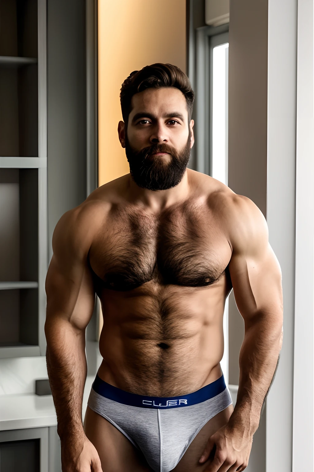 (homem de meia idade de barba: 1.5), closeup de corpo inteiro, muito peludo, Muscle, usando apenas jockstrap branco, mostrando axila, pose sexy, (sem camisa: 1.8), looking-into-camera, (trabalho ao ar livre: 1.5), ultrarrealista, premiado vencedor, studio dark, rim lighting, dual-tone lighting, mal iluminado, discreto, hiper detalhado, render octano, motor irreal 5, monocromatic, obra-prima, melhor qualidade, detalhes intrincados, MelhorMachoCorpo