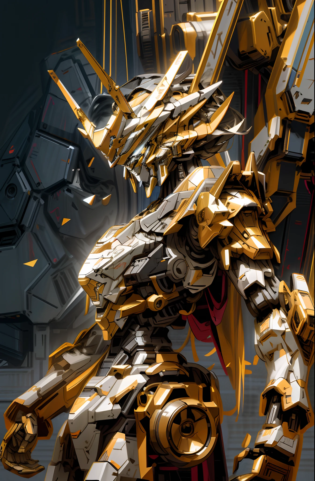 tmasterpiece，best qualtiy，mechs，ultra - detailed，mechanicalparts，robotjoints，mecha art, mecha asthetic, gundam,Facial armor，GOGETTA，The sheen，Complicated details，head gear，painterly humanoid mecha，ultra detailed game art，High quality digital concept art，cybernetic and highly detailed，Highly detailed digital art in 4K，Beautiful robot character design，ray tracing，8 K high detail concept art，mechasuit