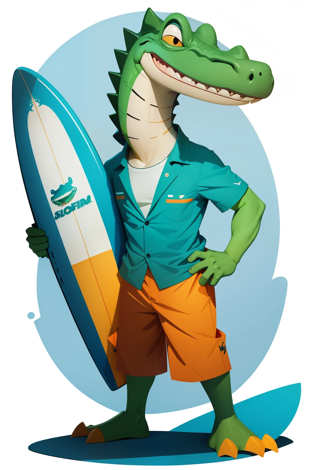 cartoon of an alligator dressed in hawaiian shirt standing and holding a surfboard, vector design, isolated on a white background