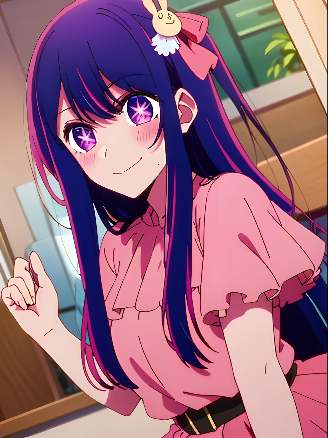 A slight smil、purple color hair、ornament detached、pink dress、Ai Hoshino、No hands