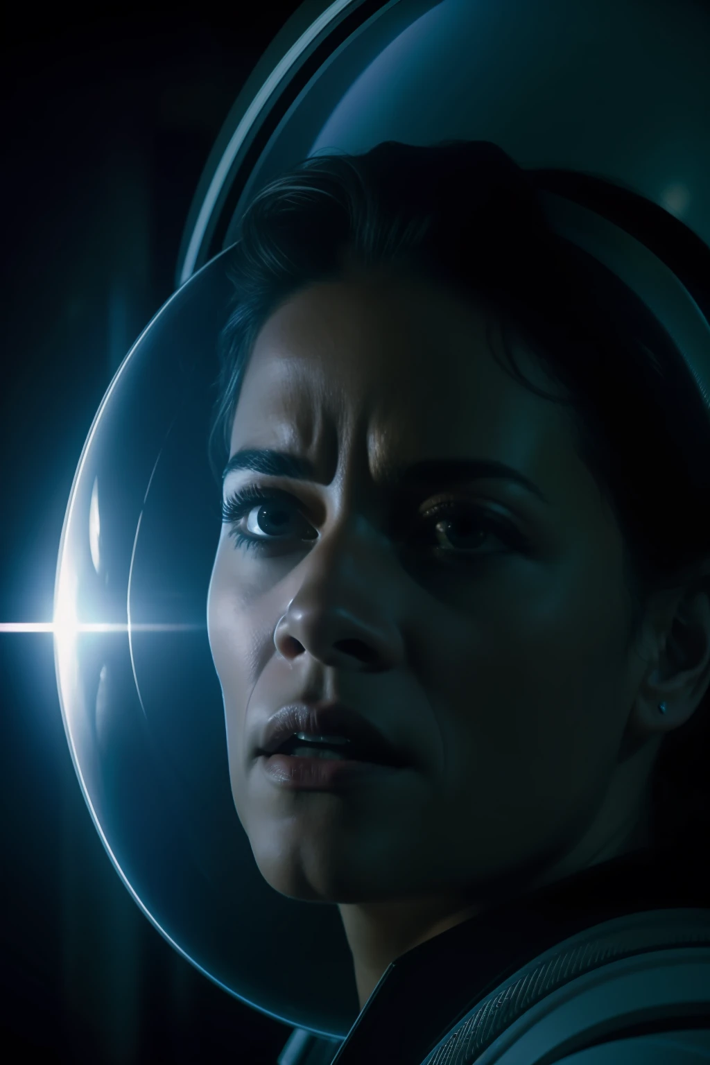 Sci Fi Horror terrified Paula patton as a scientist working on Haunted Space Ship photography, natural light, photorealism, cinematic rendering, ray tracing, the highest quality, the highest detail, Cinematic, Third-Person View, Blur Effect, Long Exposure, 8K, Ultra-HD, Natural Lighting, Moody Lighting, Cinematic Lighting