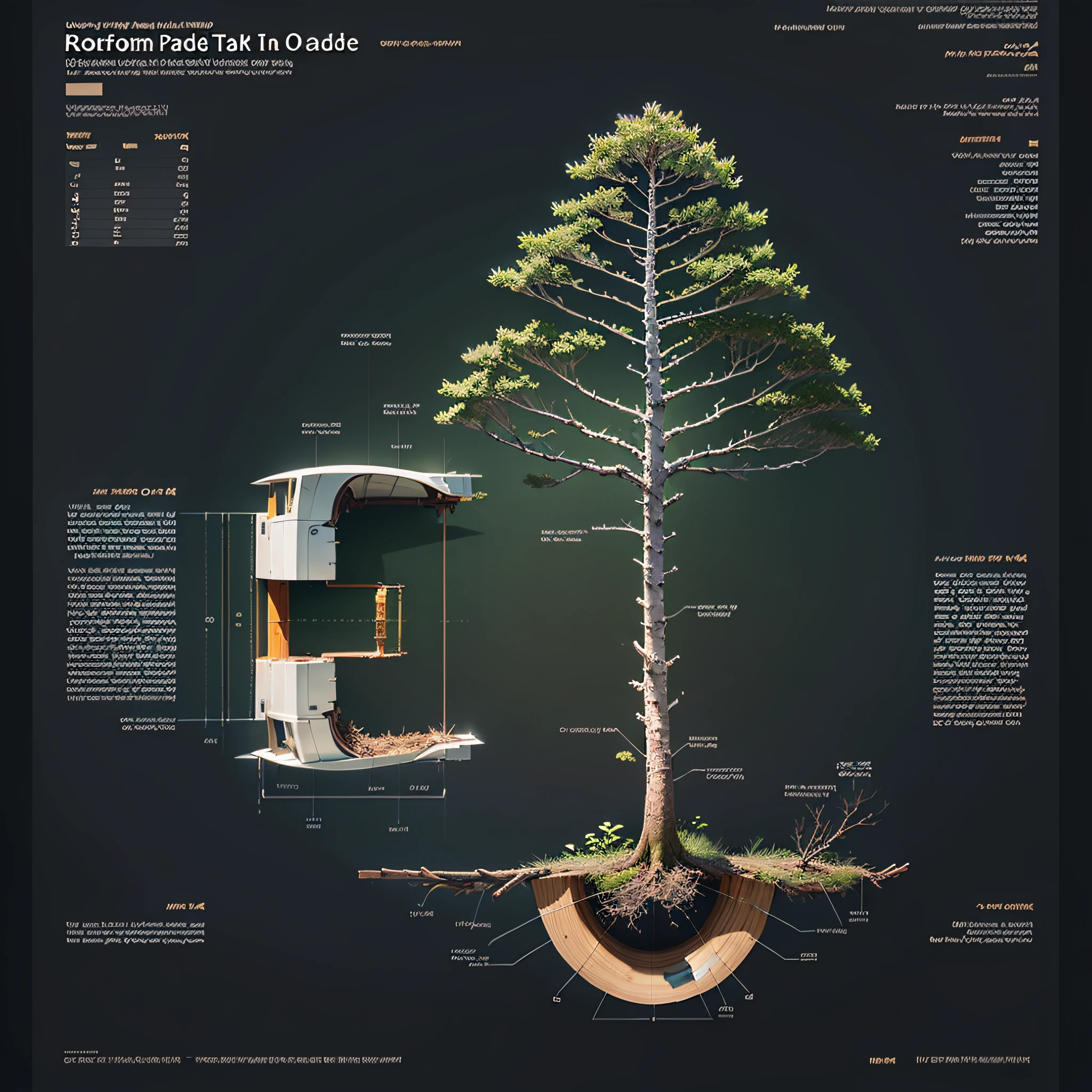 beautiful oak tree from the side, symetrical, view from the side, under the ground, dead leaves, disassembly diagram, white background,