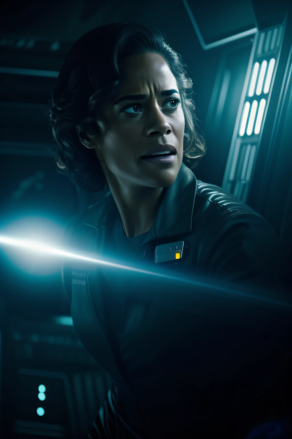 Sci Fi Horror terrified Paula patton as a scientist working on Haunted Space Ship photography, natural light, photorealism, cinematic rendering, ray tracing, the highest quality, the highest detail, Cinematic, Third-Person View, Blur Effect, Long Exposure, 8K, Ultra-HD, Natural Lighting, Moody Lighting, Cinematic Lighting
