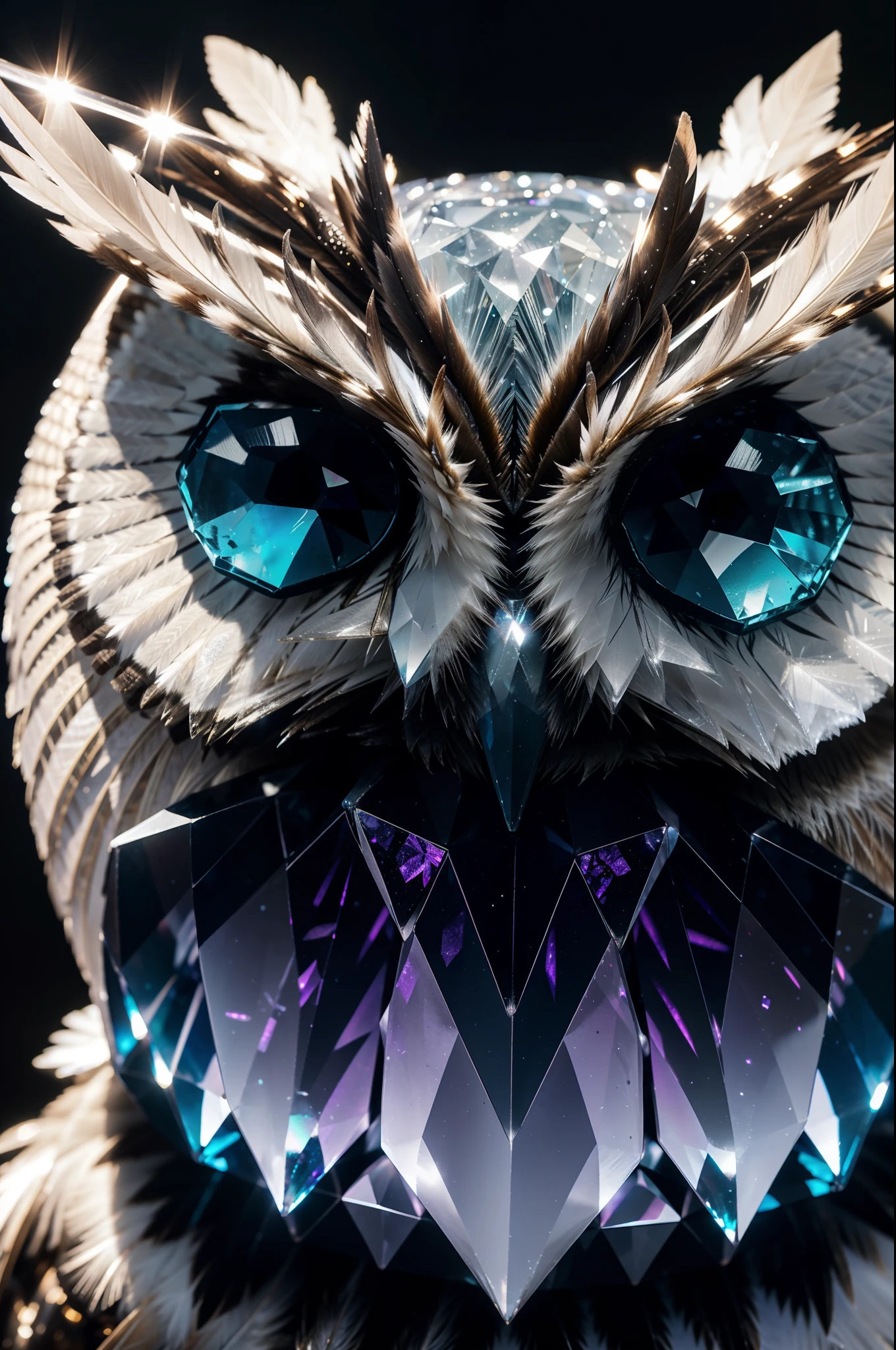 Capture a mesmerizing close-up of a majestic owl, its feathers transformed into iridescent crystal formations. Utilize macro photography to showcase the intricate crystalline textures that adorn the owl's plumage. Employ diffused lighting to create soft highlights and shadows, enhancing the three-dimensional quality of the crystals. Incorporate a rich, dark background to emphasize the ethereal glow of the crystals. The fusion of the owl's natural elegance with the enchantment of crystal-like patterns should evoke a sense of magic and mystique.