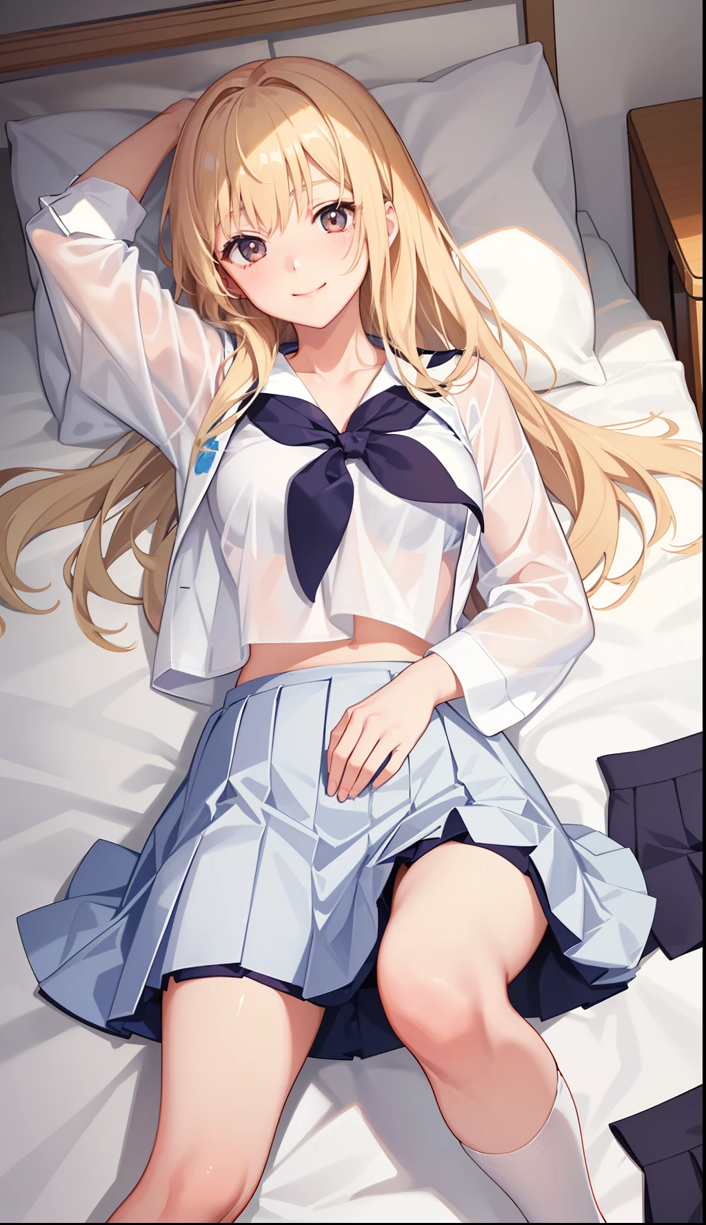 1girl in、A smile、The shirt、skirt by the、(small tits)Chilarism、Japan High School Student Uniform、serafuku、summer clothing、(Sheer Bra)、Upper body portrait、blonde hair、s asleep、Sleeping in large letters、