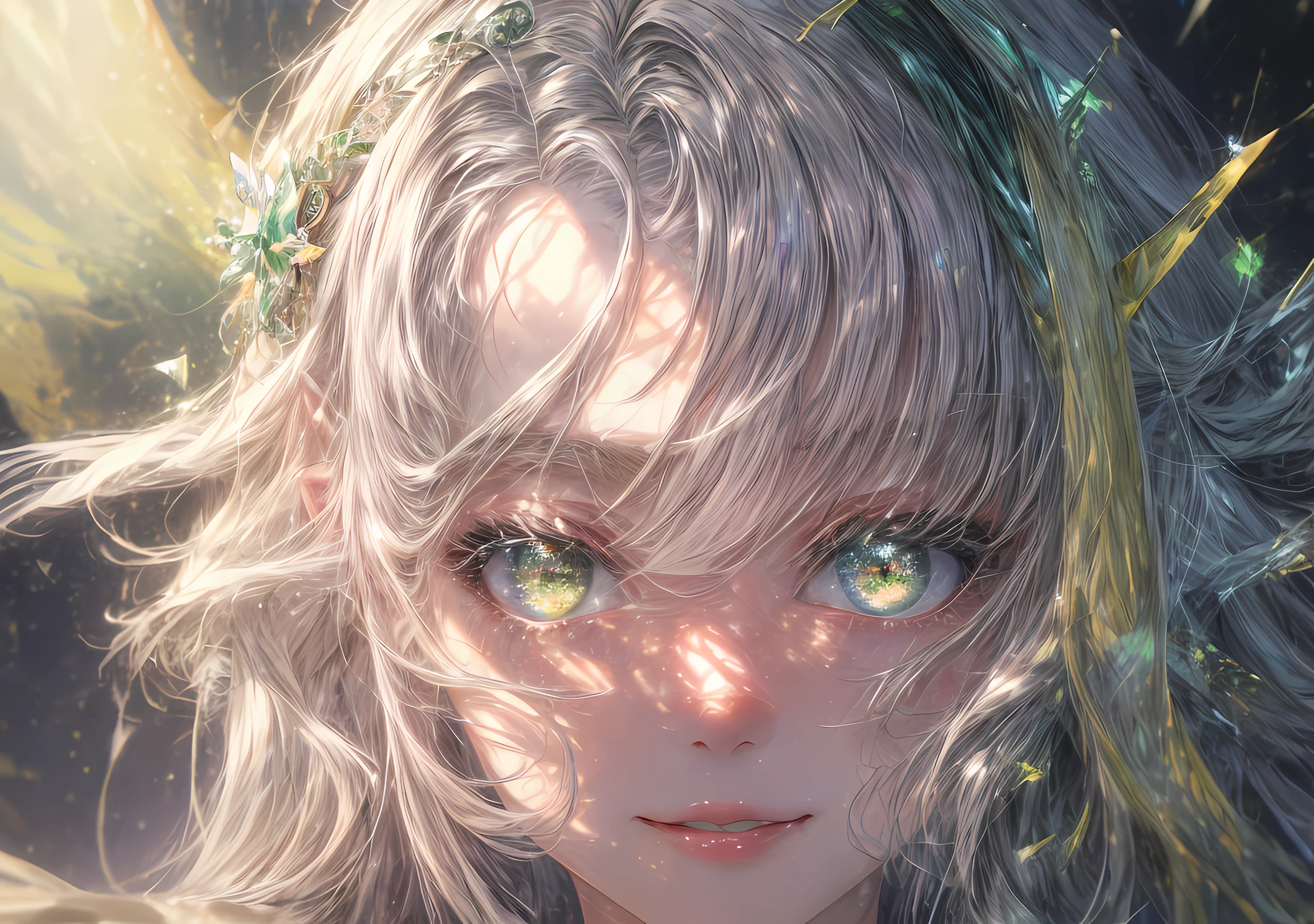 Elven girl looking at the camera with beautiful green eyes and an attractive smile, mouth open, White Teeth, Petite cute nose, Beautiful long elven ears, white colored hair, Stars in her fixed eyes, breathtaking rendering, extreme closeup, Sweet girl, attractive anime girl, beautiful anime girl, Cute beautiful anime woman, detailed digital anime art, beautiful anime girl, beautiful anime girl, Anime with small details, Best Quality, Masterpiece, Ultra-detailed, Beautiful, hight resolution, Original,CG 8K ультрареалистичный, perfect artwork, beatiful face, Face Clean, Skin, hyper realistic, Ultra Detailed, A detailed eye, dramatic lighting, (Realistic) Realistic, Full HD, Best Quality, Best Quality, Beautiful lighting, (8k wallpaper of extremely detailed CG unit), High Details, sharp-focus, The art of dramatic and photorealistic painting, beautiful smile, Incredibly detailed face, hyper detailed face, A face with a lot of detail, Perfect nose, gorgeous smile, Green star in the eye, Perfect eye shadow, wink, Hyper-Detailed Eyes, Hyper-detailed eyebrows, Hyper-detailed eyelashes,