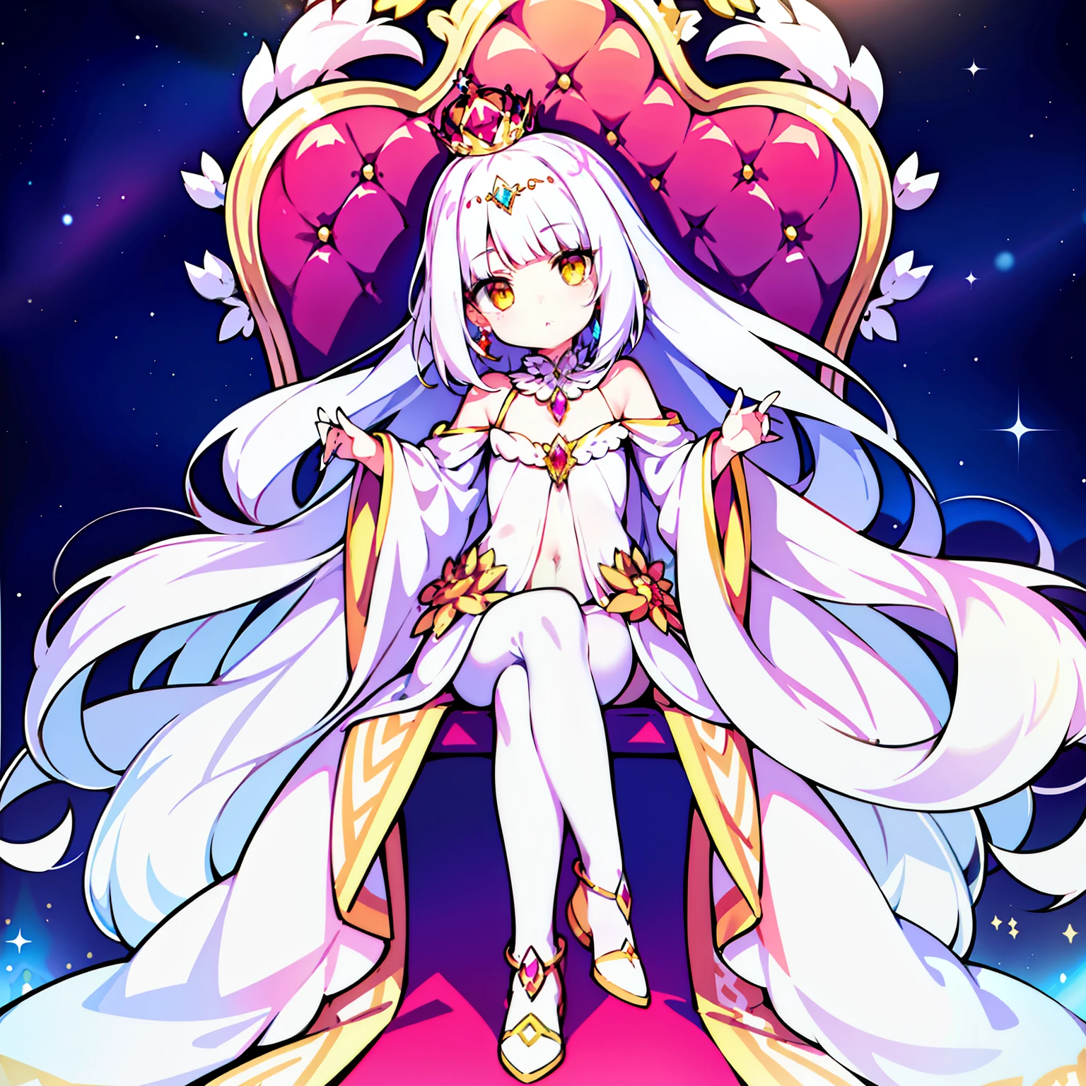 Girl, personality, charm, cute,sunflower earrings,long silky white hair, bright yellow eyes,sitting on a throne, head wearing ruby and diamond crown, flat bangs,outdoors, the space in the palace sparkled, with the surrounding crystal pillars,The small mouth opened slightly,The light was faint,The cheeks were slightly flushed,White hair,White hair,White hair, and shining with a high look luxury jewelsCrystal shoesfoot necklace, gem necklace