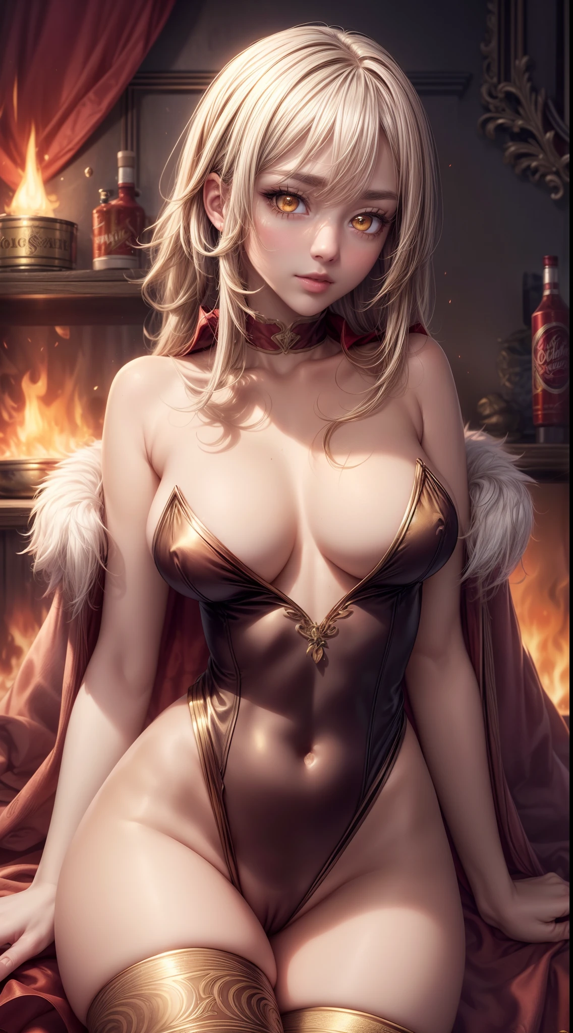 silver goddess in flame-red cloth with golden lines accents, fireball, satin, fur, (stockings), decollete, natural breasts, slim body, (((colorless skin))), zettai ryouiki, medium length hair, ((bright golden eyes)) beautiful detailed eyes, portrait, most realistic, highest quality, best pixels, 8k ultra