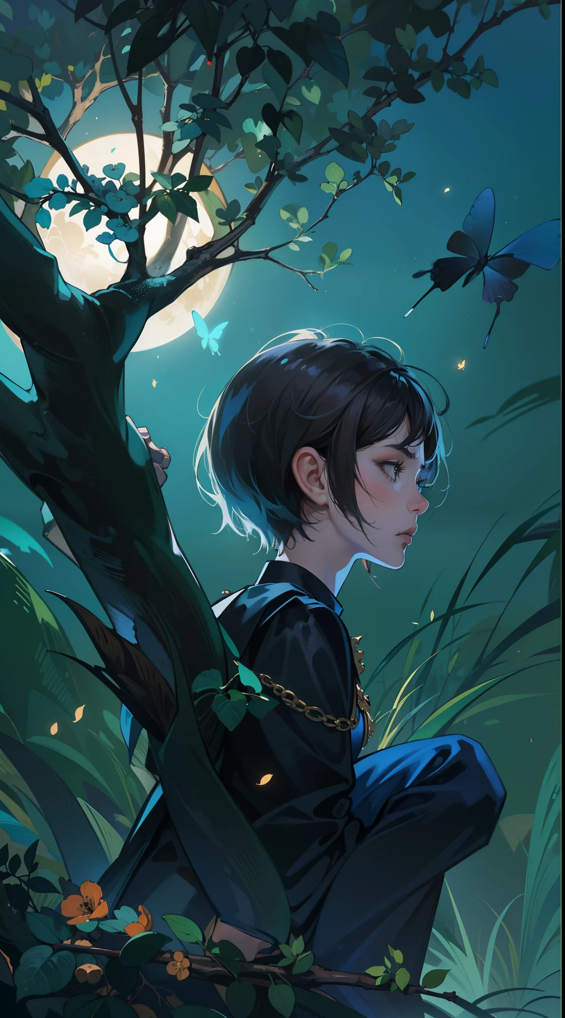 ((Superior quality, portraits, masterpieces, wallpapers 8K: 1.3)), (1 girl) with short wavy brown hair (((SHORT HAIR))), obsidian-like black eyes (((BLACK EYES))), (((ANNOYING, SERIOUS LOOK))) sitting on a branch of a mouse tree, bioluminescent blue butterflies, dark hour, perfect shadows and reflections of the moon on the scene. black dress covered, dark clothes of MOURNING, CLOTHES COVERING THEIR SKIN, TUNIC. (((PORTRAIT)))