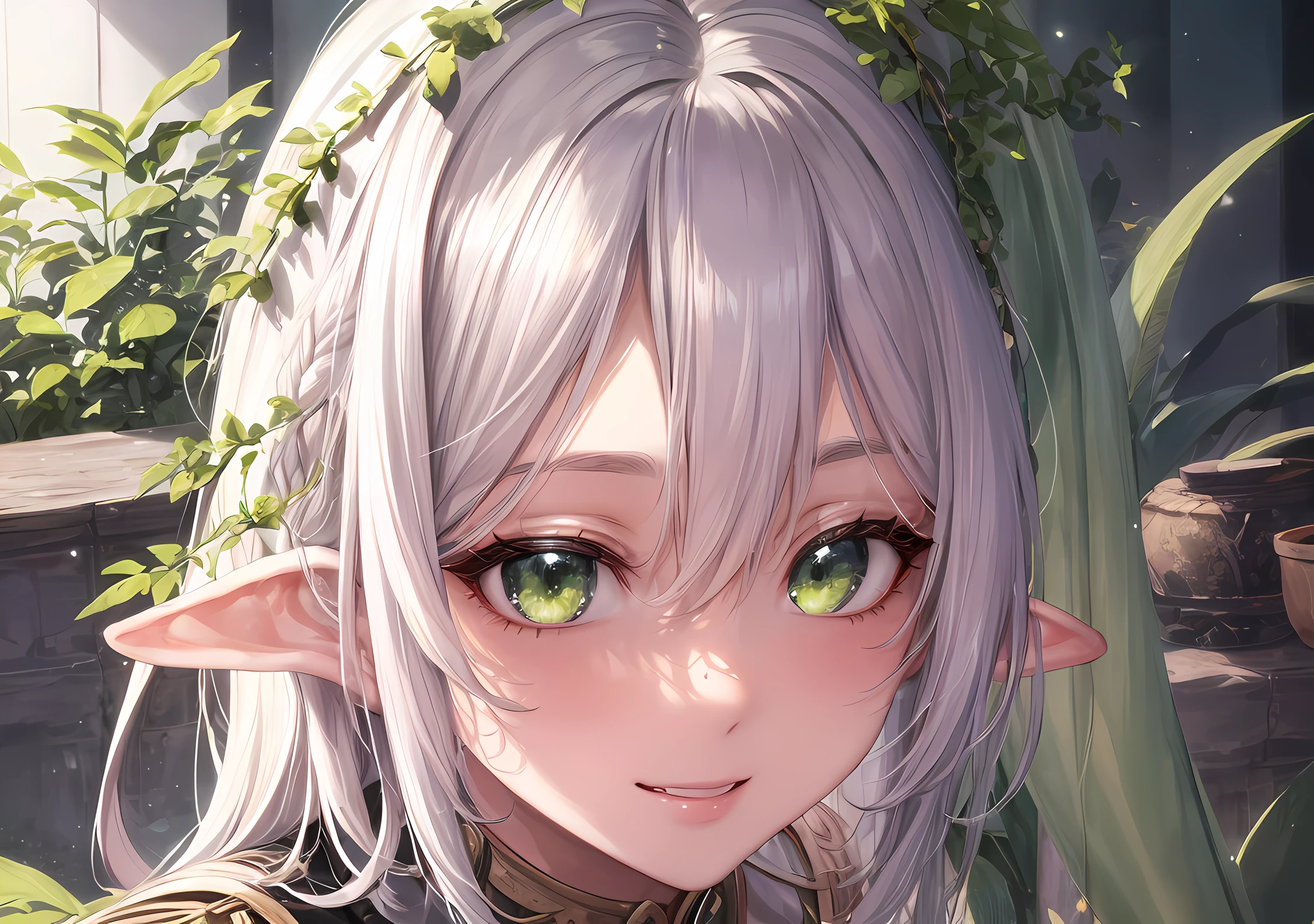 Elven girl looking at the camera with beautiful green eyes and an attractive smile, mouth open, White Teeth, Petite cute nose, Beautiful long elven ears, white colored hair, Stars in her fixed eyes, breathtaking rendering, extreme closeup, Sweet girl, attractive anime girl, beautiful anime girl, Cute beautiful anime woman, detailed digital anime art, beautiful anime girl, beautiful anime girl, Anime with small details, Best Quality, Masterpiece, Ultra-detailed, Beautiful, hight resolution, Original,CG 8K ультрареалистичный, perfect artwork, beatiful face, Face Clean, Skin, hyper realistic, Ultra Detailed, A detailed eye, dramatic  lighting, (Realistic) Realistic, Full HD, Best Quality, Best Quality, Beautiful lighting, (8k wallpaper of extremely detailed CG unit), High Details, sharp-focus, The art of dramatic and photorealistic painting, beautiful smile, Incredibly detailed face, hyper detailed face, A face with a lot of detail, Perfect nose, gorgeous smile, Green star in the eye, Perfect eye shadow, wink, Hyper-Detailed Eyes, Hyper-detailed eyebrows, Hyper-detailed eyelashes,