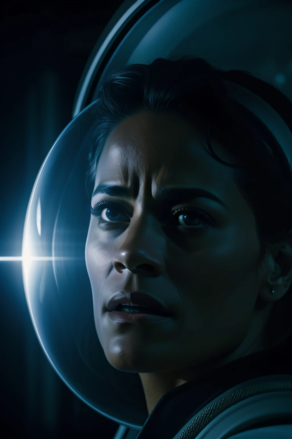 Sci Fi Horror terrified Paula patton as a scientist working on Haunted Space Ship photography, natural light, photorealism, cinematic rendering, ray tracing, the highest quality, the highest detail, Cinematic, Third-Person View, Blur Effect, Long Exposure, 8K, Ultra-HD, Natural Lighting, Moody Lighting, Cinematic Lighting