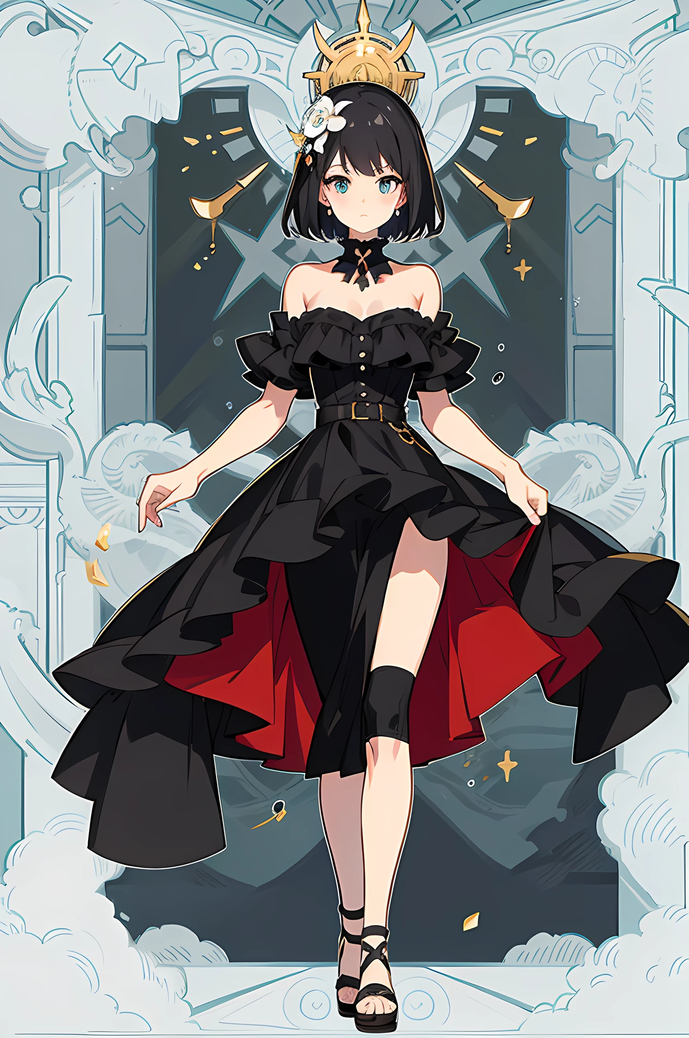 ANIME, FEMININE, PERFECT FACE, MEDIUM BREAST, BLACK DRESS, FULLBODY, HIGH DETAIL, DETAILED, PERFECT