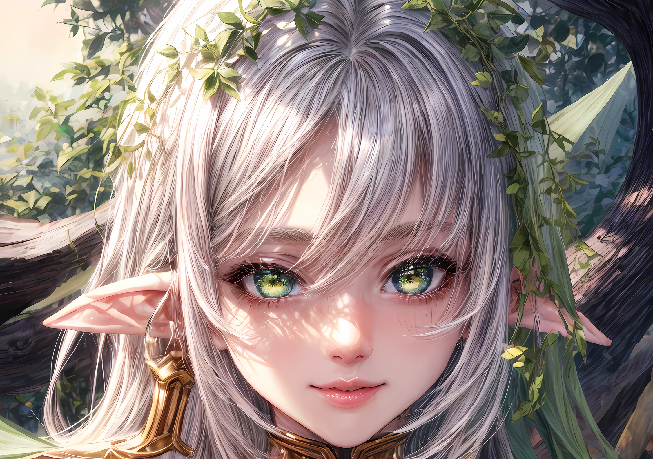 elven girl, I look at the camera with beautiful green eyes and an attractive smile, mouth open, White Teeth, Cute little nose, Beautiful long elven ears, portrait of an elf, Portrait of a very beautiful elf woman, white colored hair, Stars in her fixed eyes, breathtaking rendering, extreme closeup, Sweet girl, attractive anime girl, beautiful anime girl, Cute beautiful anime woman, detailed digital anime art, beautiful anime girl, beautiful anime girl, Anime with small details, Best Quality, Masterpiece, Ultra-detailed, Beautiful, hight resolution, Original,CG 8K ультрареалистичный, perfect artwork, beatiful face, Face Clean, Skin, hyper realistic, Ultra Detailed, A detailed eye, dramatic lighting, (Realistic) Realistic, Full HD, Best Quality, Best Quality, Beautiful lighting, (8k wallpaper of extremely detailed CG unit), High Details, sharp-focus, The art of dramatic and photorealistic painting, beautiful smile, Incredibly detailed face, hyper detailed face, A face with a lot of detail, Perfect nose, gorgeous smile, Green star in the eye, Perfect eye shadow, wink, Hyper-Detailed Eyes, Hyper-detailing of eyebrows, Hyper-detailed eyelashes,