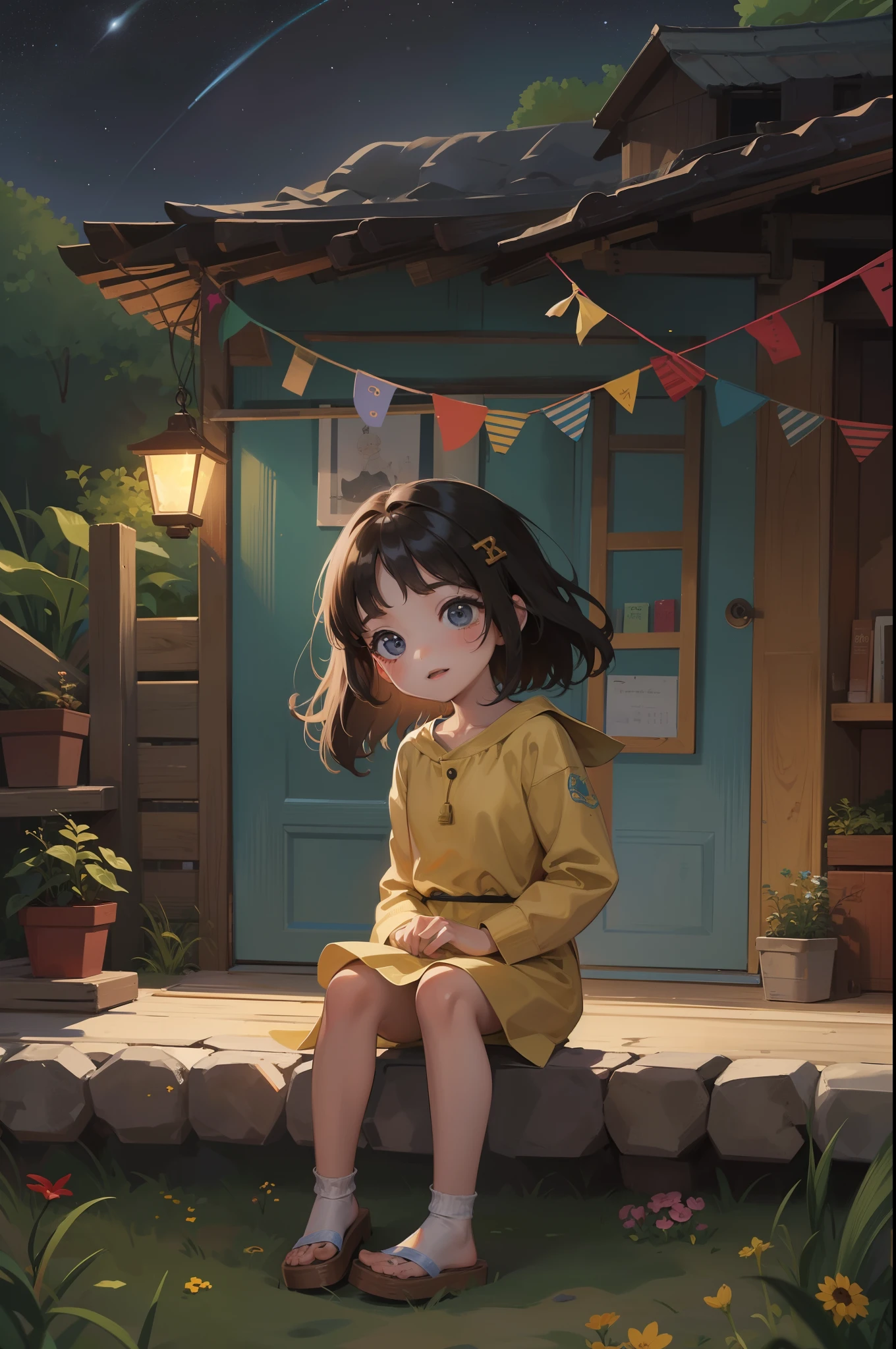 Create an adorable illustration of a 4-year-old girl, com um sorriso cintilante, cabelo liso e preto abaixo dos ombros, trajando uma roupa camponesa simples. in a village of villagers, cercada pela natureza bela e esplendida, com um lindo sol a brilhar. Use a style of children's illustrations to portray this scene in a simple way, fofa e colorida, highlighting the serenity of the starry night as the girl says her prayer.