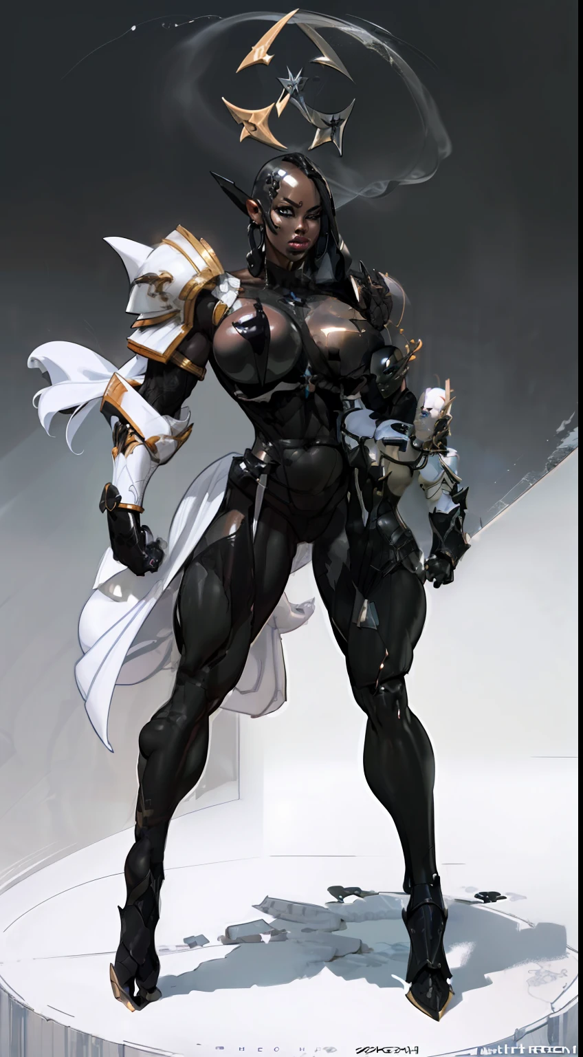 (((1girl:1.8))), ((bulky woman:1.5)) sehele style, anime style, (((dark elf))) (((obsidian black skin:1.7))) (((smoldering eyes))), ((bald:1.5)), ((no hair:1.5)), 8k, 4k, Unreal Engine 5, octane render, trending on pixiv, ((huge shoulder pads:1.8)) (wide shoulders:1.4), (large biceps:1.5), fanbox, skeb, (((white armor:1.7))), masterpiece, ((slendered abs:1.2)),((pressed breasts together:1.4)), (full bodied), wide hips, (full lips:1.5), smooth soft skin, big dreamy eyes, beautiful anime wide eyes, soft lighting, concept art, digital painting,