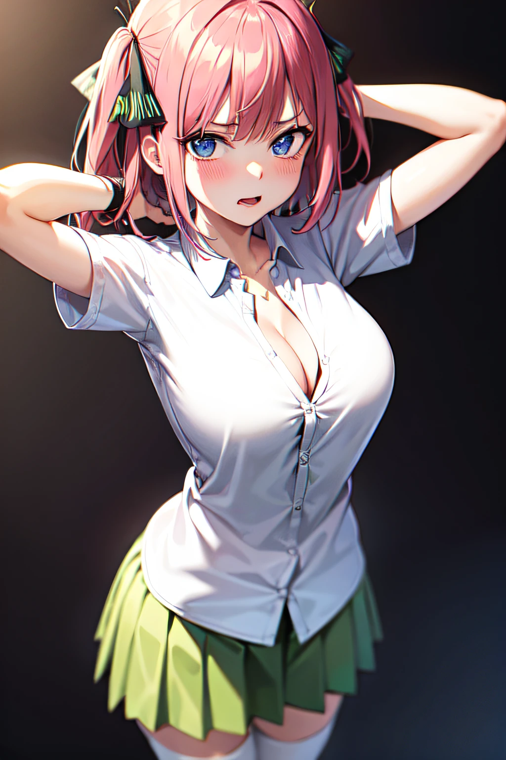 masterpiece, best quality, highres, Nakano nino, 1girl, solo, pink hair, short hair, busty, butterfly hair ornament, large breasts, cleavage, green skirt, white shirt, collared shirt, open clothes, black thighhighs, short sleeves, skirt lift, looking at viewer, annoyed, blush, full body, standing, simple background, arms behind head, (erotic pose:1.4)