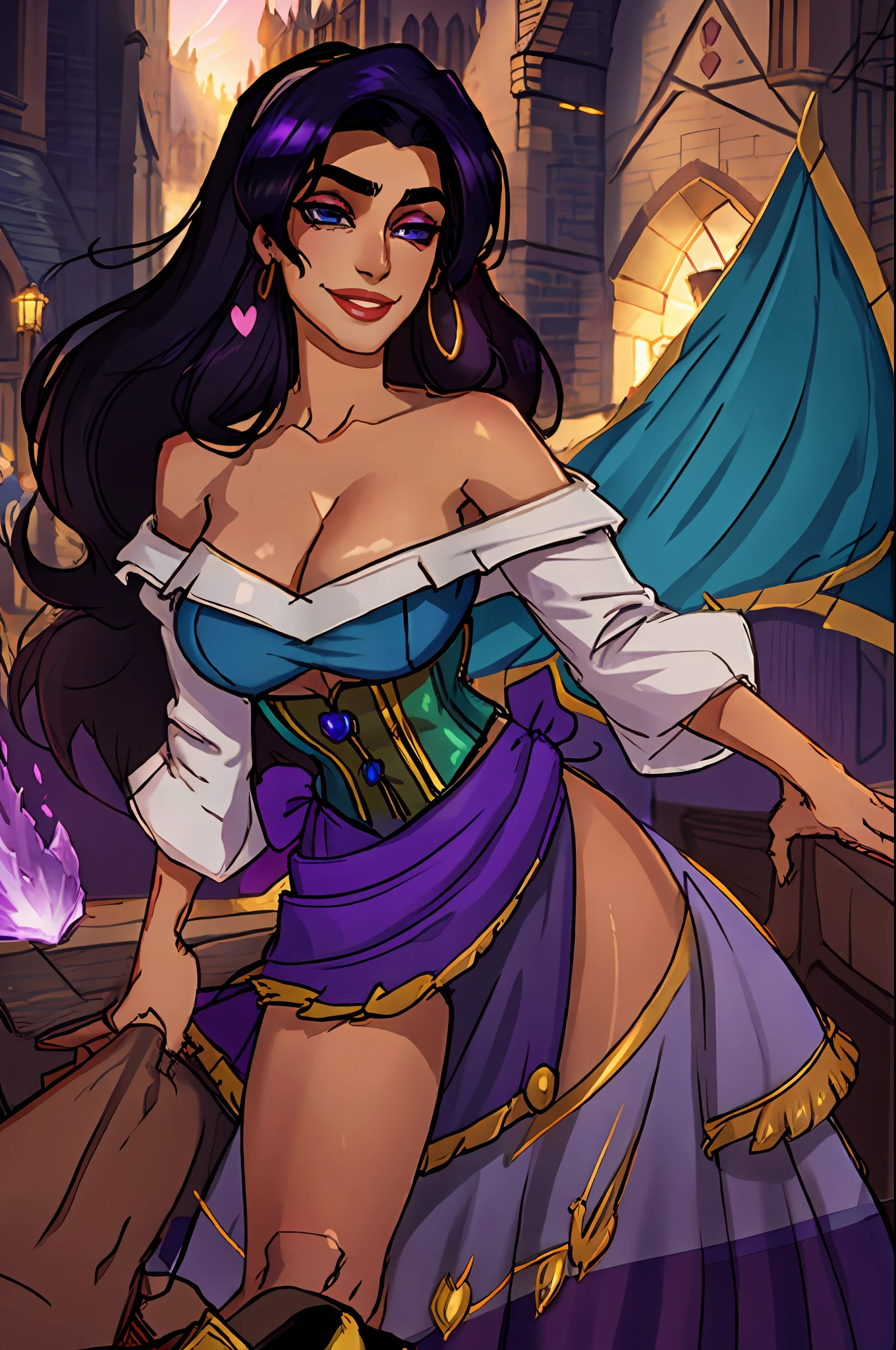 pov selfie, 1girl, beautiful esmeralda, spoken heart, smile, hairband, bare shoulders, dress, corset, purple skirt, jewelry, victorian town square, looking at viewer, volumetric lighting, best quality, masterpiece, realistic