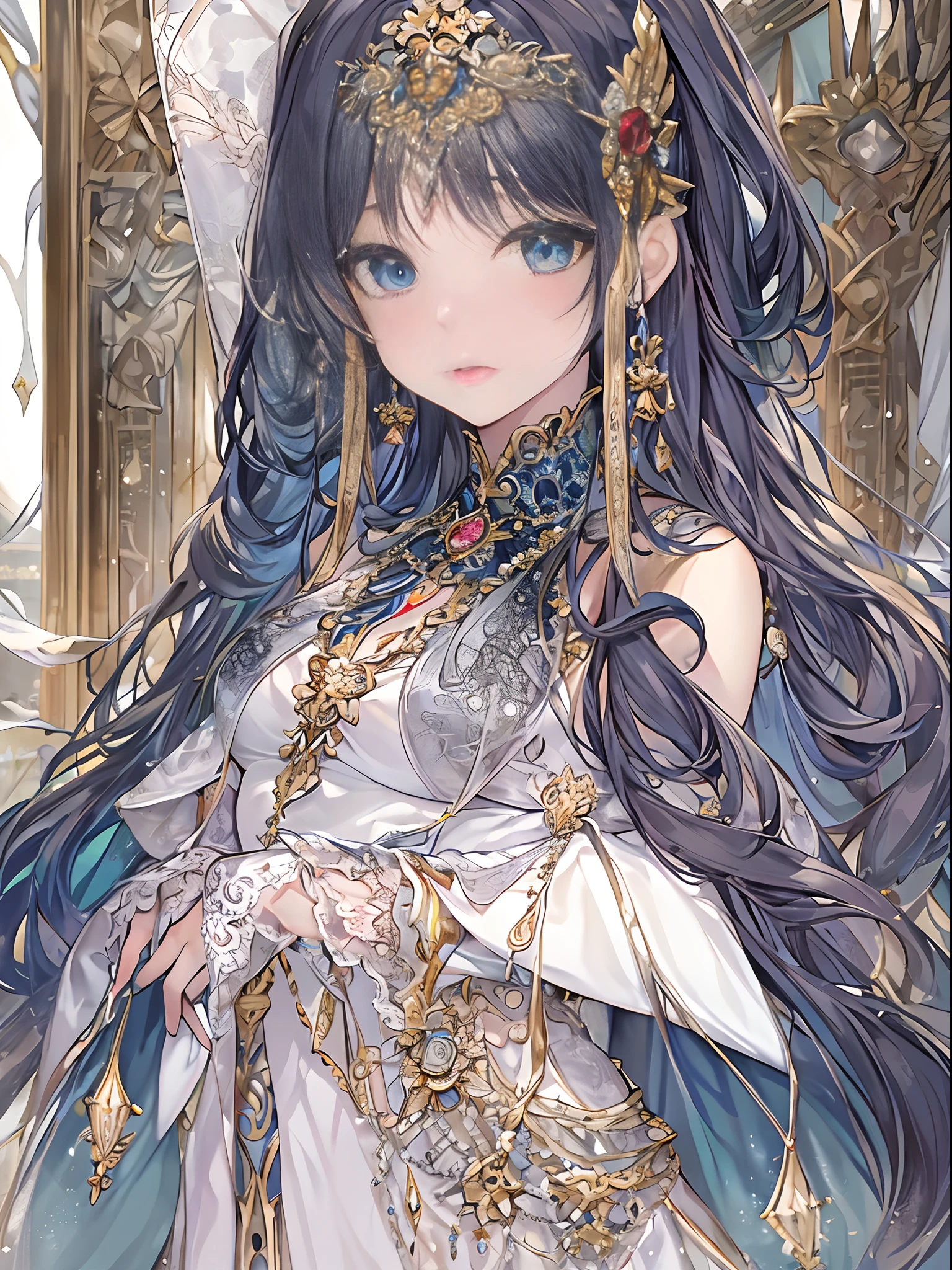 （（anime art style）），（tmasterpiece），（best qualtiy），（super detailing），illustratio，（（very fine and beautiful）），focus on the character，dynamic angle，looks into camera，（（独奏）），standing on your feet，（（（full bodyesbian））），（（An aristocratic princess dressed in a fancy ball dress，The skirt is plump）），Detailed face and eyes，gem-like eyes，Standing in the ruins，（（Very long blue voluminous hair）），Gorgeous embroidery and lace，cleanness，Gorgeous ruffles，Gorgeous jewelry ornaments，Luxurious hair accessories，luxury hair ornament，Jewelry luxury crown，（，Long breasts），（Gorgeous prom dress with voluminous skirt）），full bodyesbian