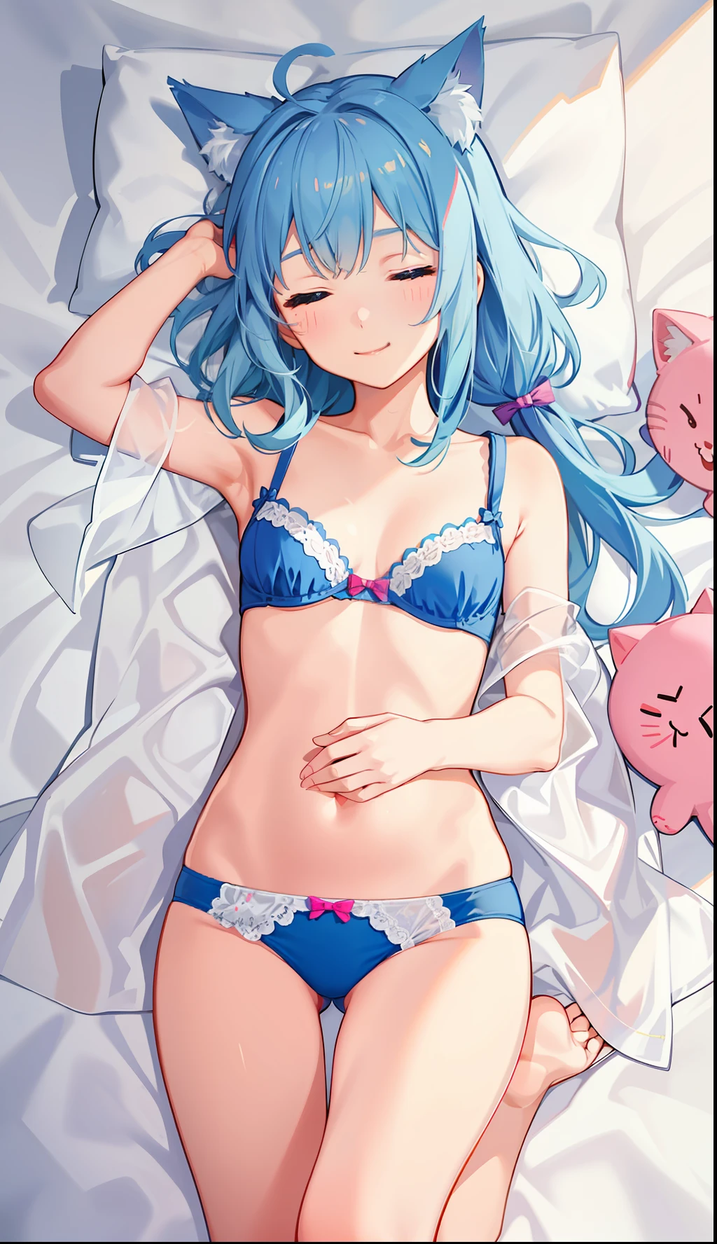 1girl in、A smile、A delightful!　Cute underwear、（small tits）Cat's ears、s asleep、Sleeping in large letters、