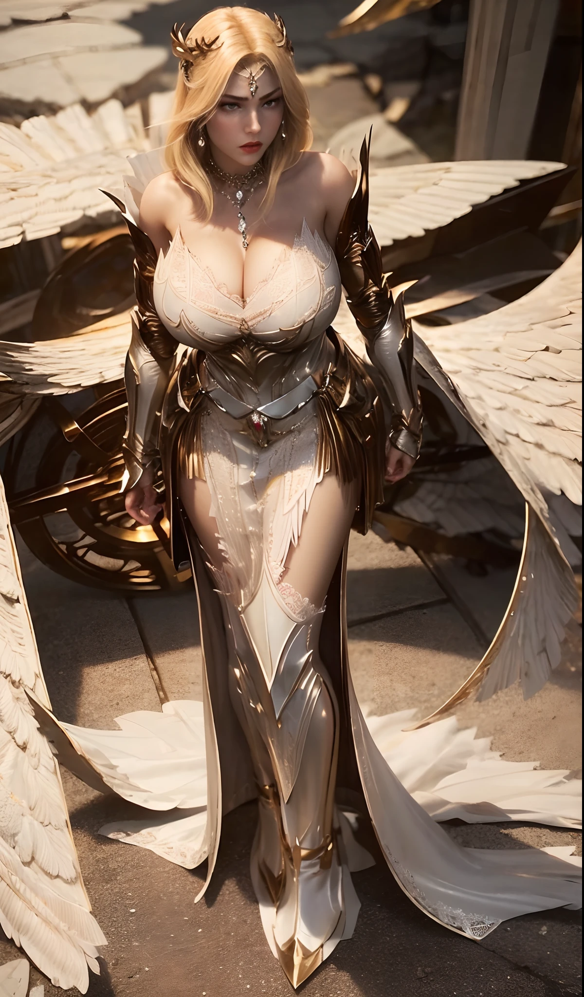 ultra realistic 8k cg, flawless, clean, masterpiece, professional artwork, famous artwork, cinematic lighting, cinematic bloom, perfect face, beautiful face, fantasy, dreamlike, unreal engine 5, science fiction,   lace, lace trim, lace-trimmed legwear, luxury, jewelry, diamond, gold, pearl, gem, sapphire, ruby, emerald, intricate detail, delicate pattern, charming, alluring, seductive, erotic, enchanting, hair ornament, necklace, earrings, bracelet, armlet,halo,autumn.
((,1girl, pov,best quality,))  ,((((,1girl,  solo, huge breasts:1.5, armor dress, full body,  looking at viewer, standing))))