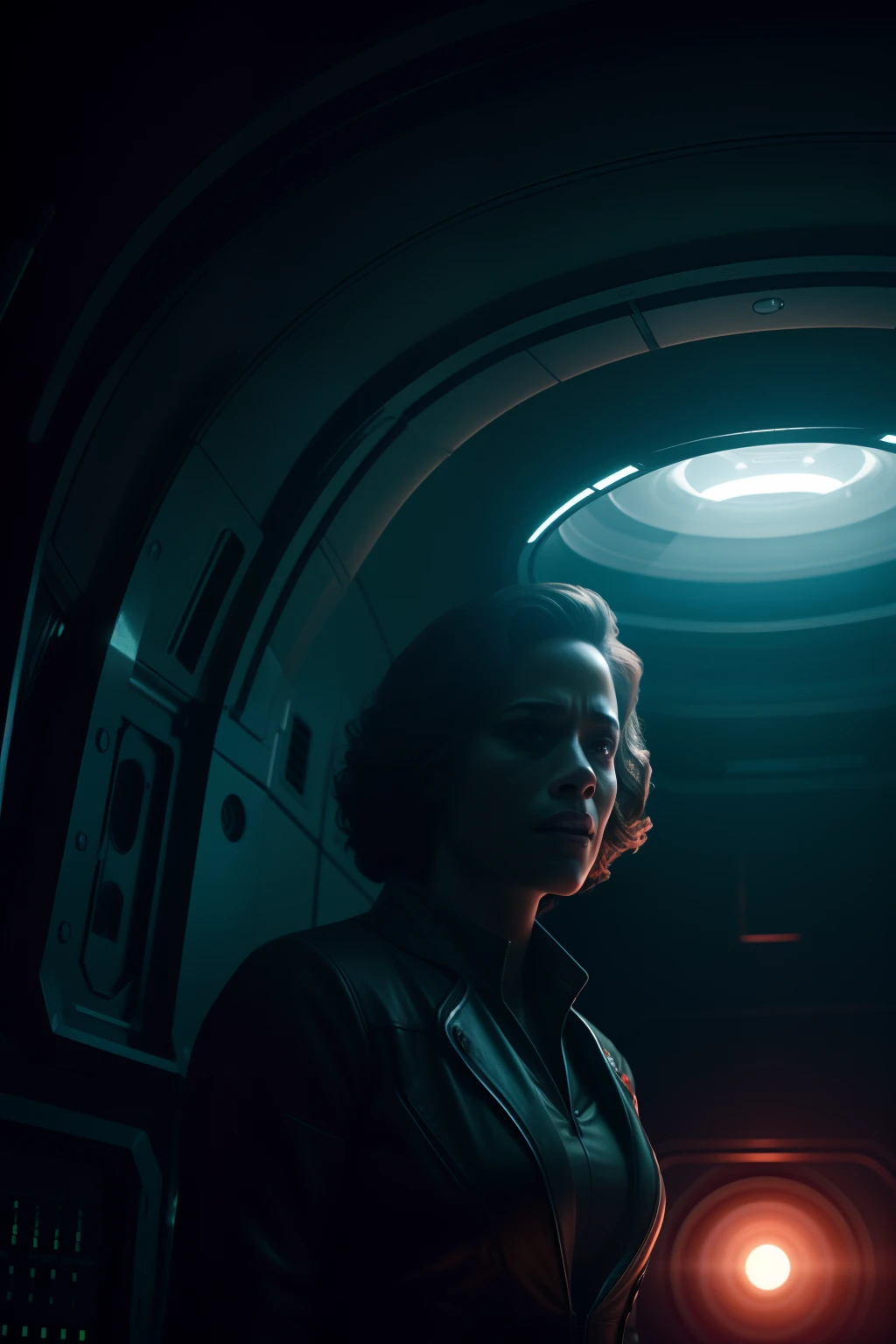 Sci Fi Horror terrified Paula patton as a scientist working on Haunted Space Ship photography, natural light, photorealism, cinematic rendering, ray tracing, the highest quality, the highest detail, Cinematic, Third-Person View, Blur Effect, Long Exposure, 8K, Ultra-HD, Natural Lighting, Moody Lighting, Cinematic Lighting