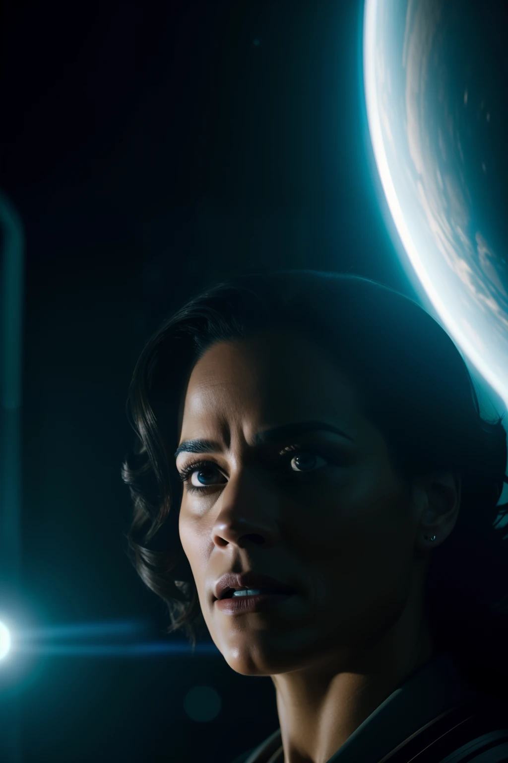Sci Fi Horror terrified Paula patton as a scientist working on Haunted Space Ship photography, natural light, photorealism, cinematic rendering, ray tracing, the highest quality, the highest detail, Cinematic, Third-Person View, Blur Effect, Long Exposure, 8K, Ultra-HD, Natural Lighting, Moody Lighting, Cinematic Lighting