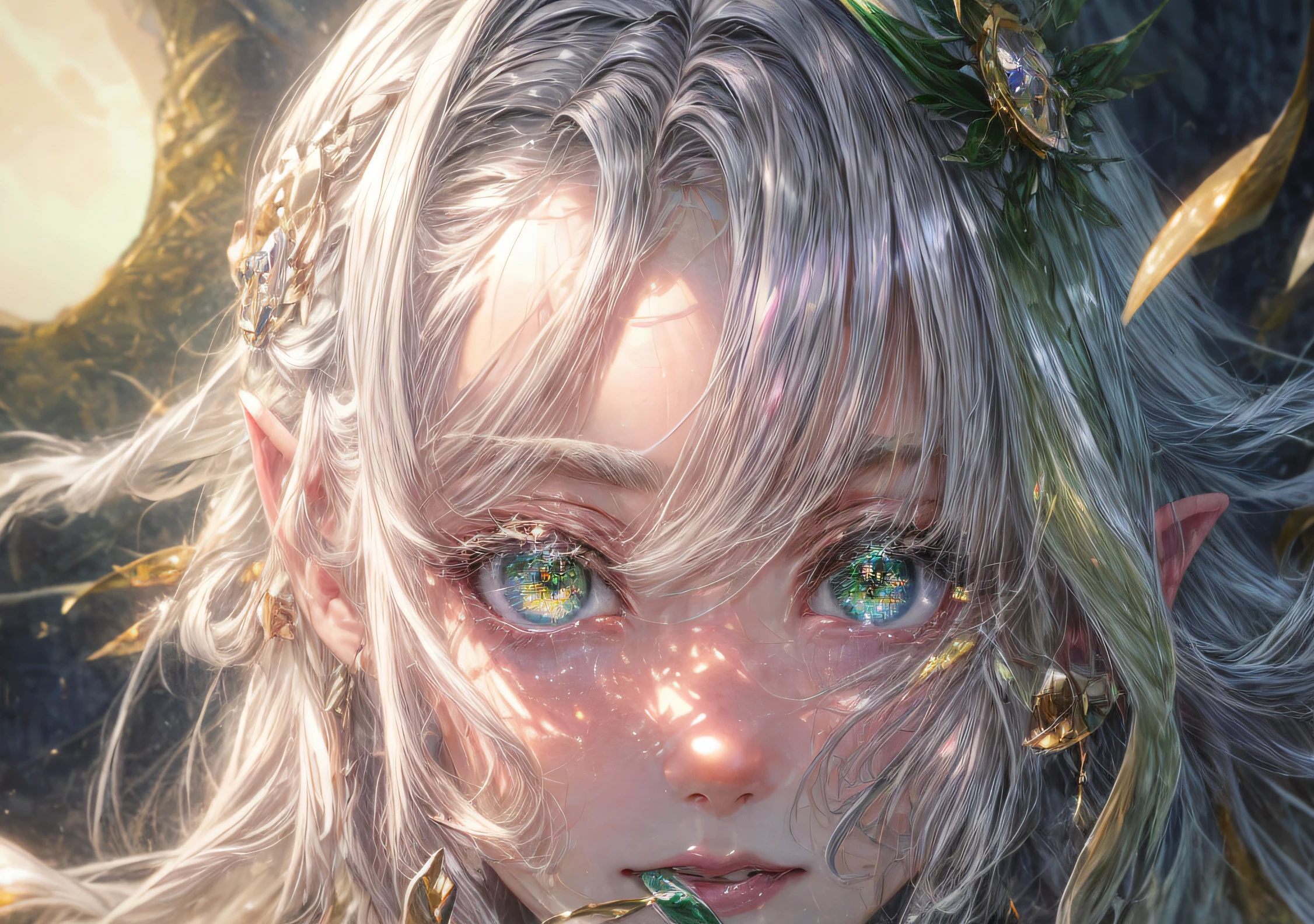 Elven girl looking at the camera with beautiful green eyes and an attractive smile, mouth open, White Teeth, Petite cute nose, Beautiful long elven ears, white colored hair, Stars in her fixed eyes, breathtaking rendering, extreme closeup, Sweet girl, attractive anime girl, beautiful anime girl, Cute beautiful anime woman, detailed digital anime art, beautiful anime girl, beautiful anime girl, Anime with small details, Best Quality, Masterpiece, Ultra-detailed, Beautiful, hight resolution, Original,CG 8K ультрареалистичный, perfect artwork, beatiful face, Face Clean, Skin, hyper realistic, Ultra Detailed, A detailed eye, dramatic lighting, (Realistic) Realistic, Full HD, Best Quality, Best Quality, Beautiful lighting, (8k wallpaper of extremely detailed CG unit), High Details, sharp-focus, The art of dramatic and photorealistic painting, beautiful smile, Incredibly detailed face, hyper detailed face, A face with a lot of detail, Perfect nose, gorgeous smile, Green star in the eye, Perfect eye shadow, wink, Hyper-Detailed Eyes, Hyper-detailed eyebrows, Hyper-detailed eyelashes,