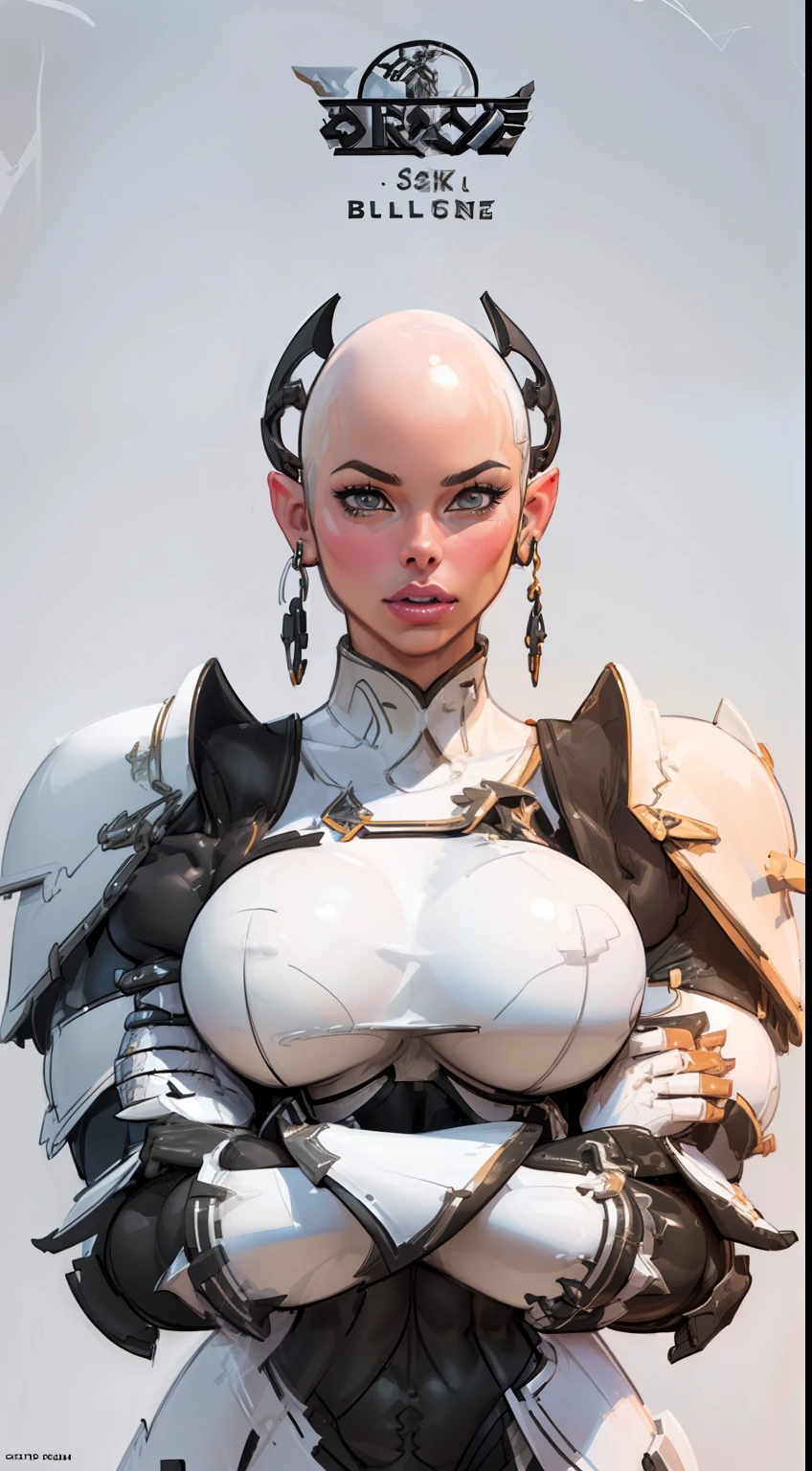 (((1girl:1.8))), ((bulky woman:1.5)) female, sehele style, anime style, (((dark elf))) (((obsidian black skin:1.4))) (((smoldering eyes))), ((bald:1.5)), ((no hair:1.5)), 8k, 4k, Unreal Engine 5, octane render, trending on pixiv, ((huge shoulder pads:1.8)) (wide shoulders:1.4), (large biceps:1.5), fanbox, skeb, (((white armor:1.7))), masterpiece, ((slendered abs:1.2)),((pressed breasts together:1.4)), (full bodied), wide hips, (full lips:1.5), smooth soft skin, big dreamy eyes, beautiful anime wide eyes, soft lighting, concept art, digital painting,