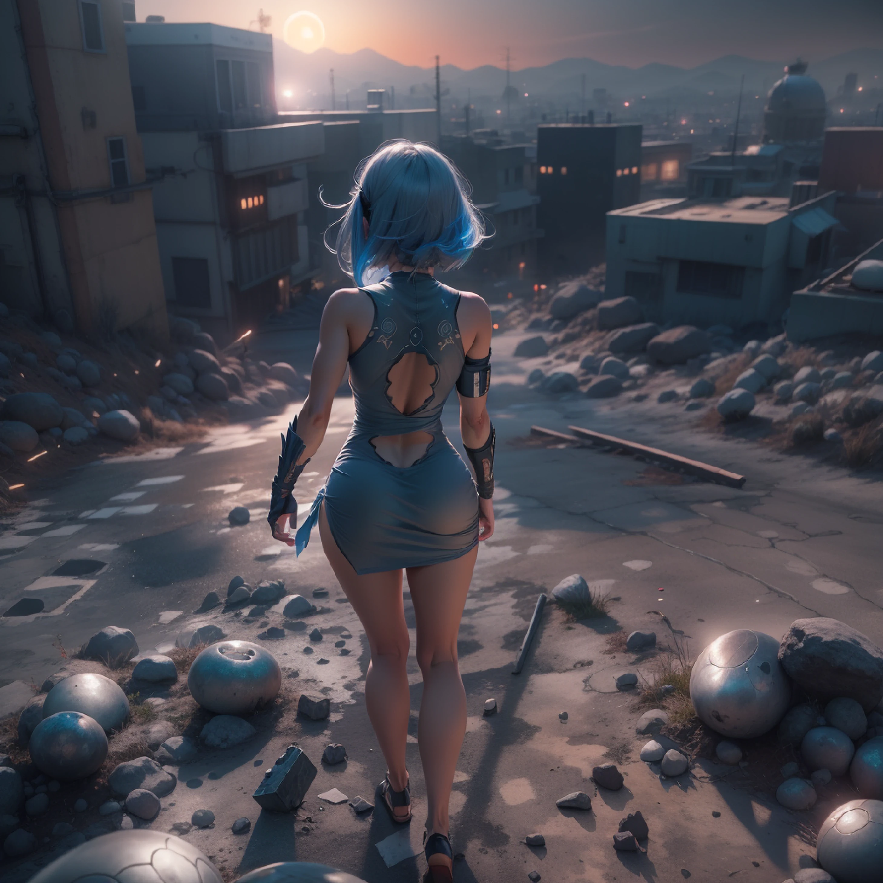 1 girl, Operador Yorha (Nier Automata), bailando en una ciudad destruida, ((atardecer)), piedras rojas, ((ojos azules)), ((pecas en el rostro)), en plugsuit transparente, ((culo perfecto)), ((small ass)), (((DeepVnecklineslipdress))), view from back, Trazado de rayos, NVIDIA RTX, Super resolution, Irreal 5, Sub-Surface Scatterring, Texturas PBR, postprocesamiento, Anisotropic filtering, profundidad de campo, maximum sharpness and sharpness, Texturas multicapa, Mapeo de albedo y especular, sombreado de superficie, Accurate simulation of light-material interactions, proporciones perfectas, octane representation, duotone lighting, ISO bajo, balance de blancos, regla de tercios, apertura amplia, 8K RAW, high-efficiency subpixels, sub-pixel convolution, glow particles