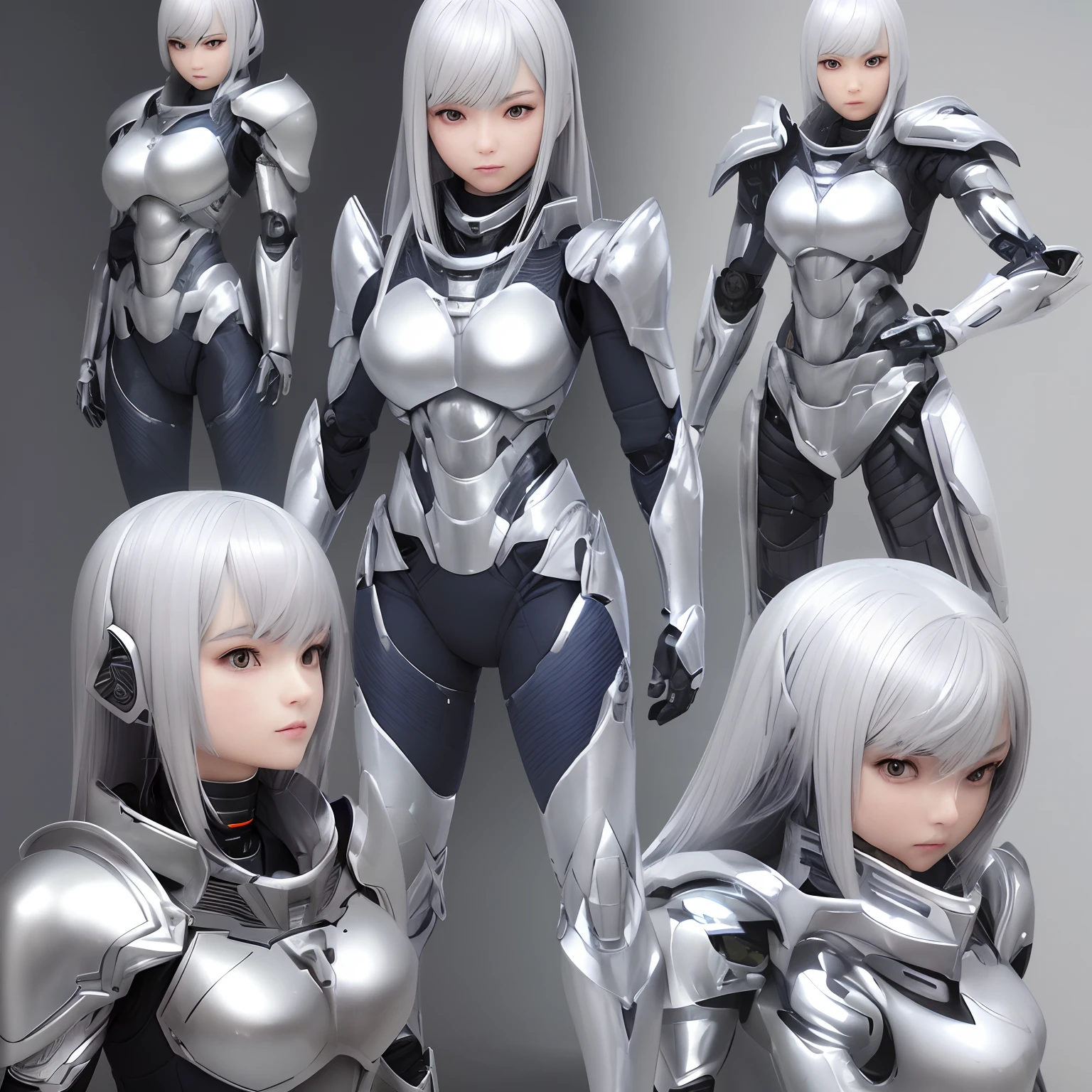 There are four photographs of women in futuristic suits, Armor Girl, sakimichan hdri, with sleek silver armor, 3 D rendering character art 8 K, Realistic anime 3 D style, cyborg - girl with silver hair, with sleek silver metal armor, bikini armor female knight, girl in mecha cyber armor, skintight silver armor