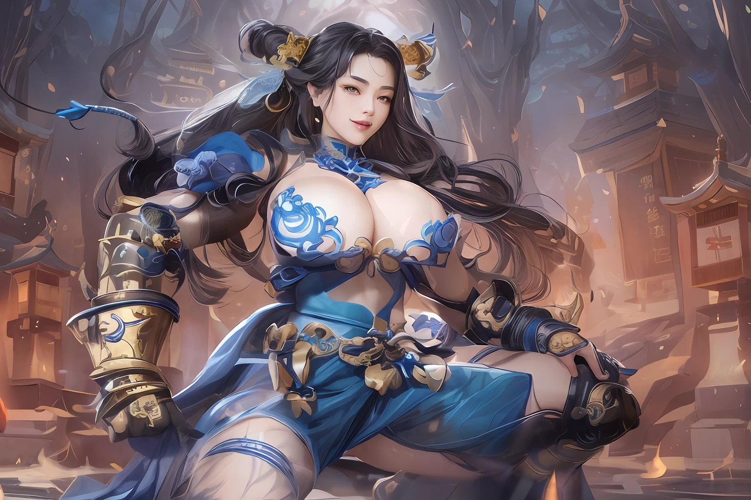 a woman in a blue dress with a large breast and a sword, bian lian, g liulian art style, inspired by Lan Ying, inspired by Pu Hua, inspired by Ju Lian, ne zha from smite, inspired by Zhao Zuo, 2. 5 d cgi anime fantasy artwork, portrait of chun - li, 8k high quality detailed art