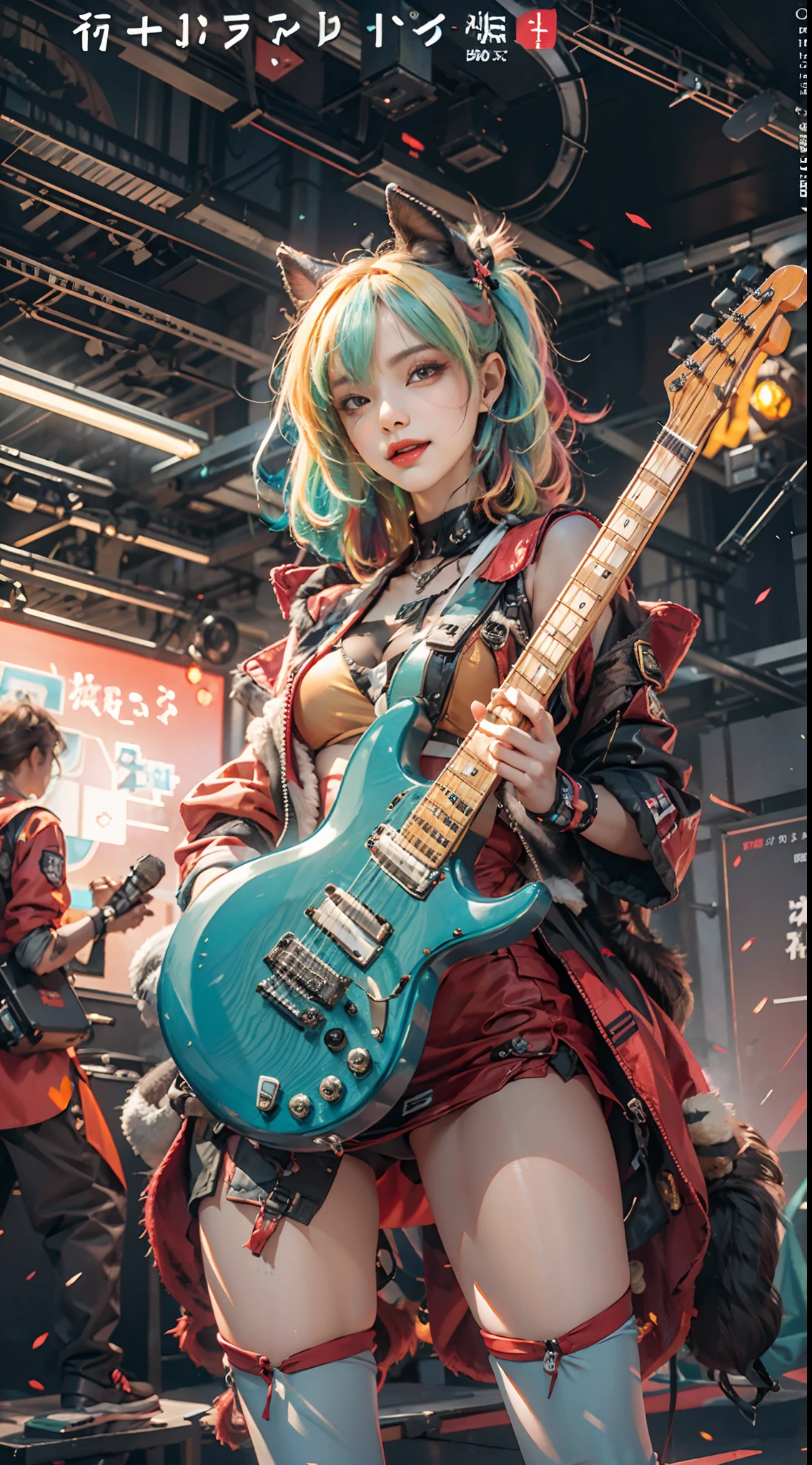 Goji,idoly，1girll, Long colored hair, Wear sexy miniskirt outfits, Hold the red microphone，An electric guitar hangs from his chest，Stand in front of the half-body Gundam mech and sing, Colorful spotlights，Spotlights，Stage，ssmile，Active off-stage audience，Chiaroscuro, Cinematic lighting, Ray tracing, afterimage, hyper HD, Masterpiece, ccurate, A high resolution, High quality, High details, Award-Awarded, 8K,Girl