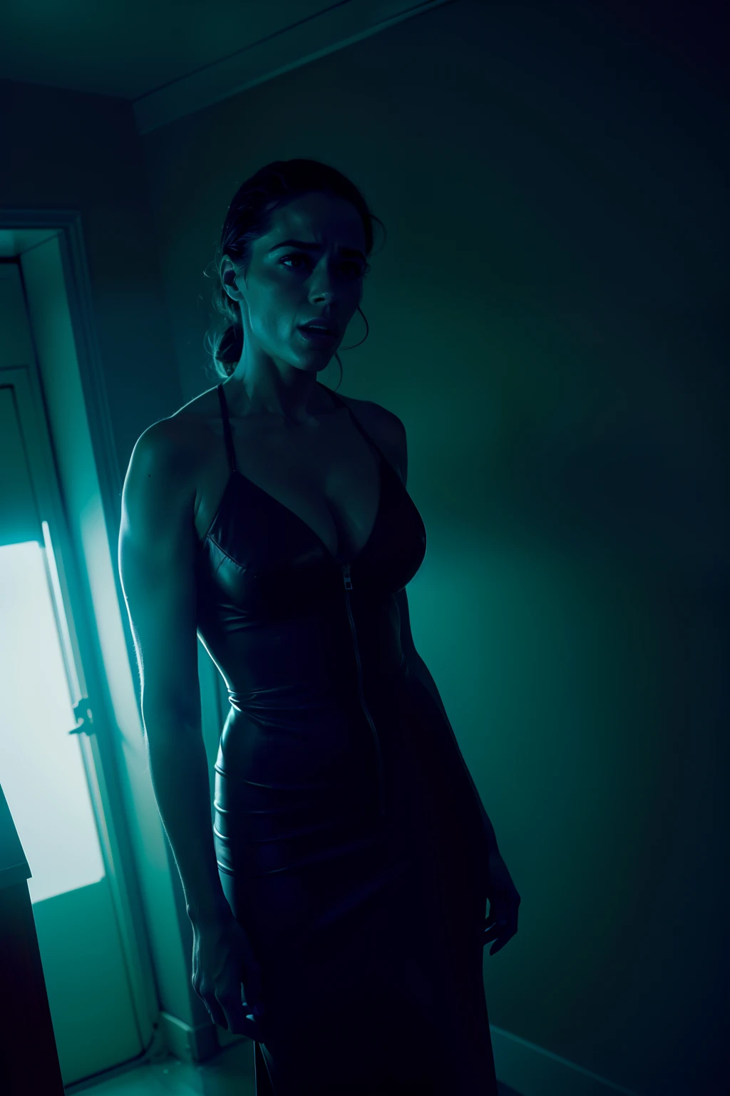 Sci Fi Horror terrified Paula patton as a scientist working on Haunted Space Ship photography, natural light, photorealism, cinematic rendering, ray tracing, the highest quality, the highest detail, Cinematic, Third-Person View, Blur Effect, Long Exposure, 8K, Ultra-HD, Natural Lighting, Moody Lighting, Cinematic Lighting
