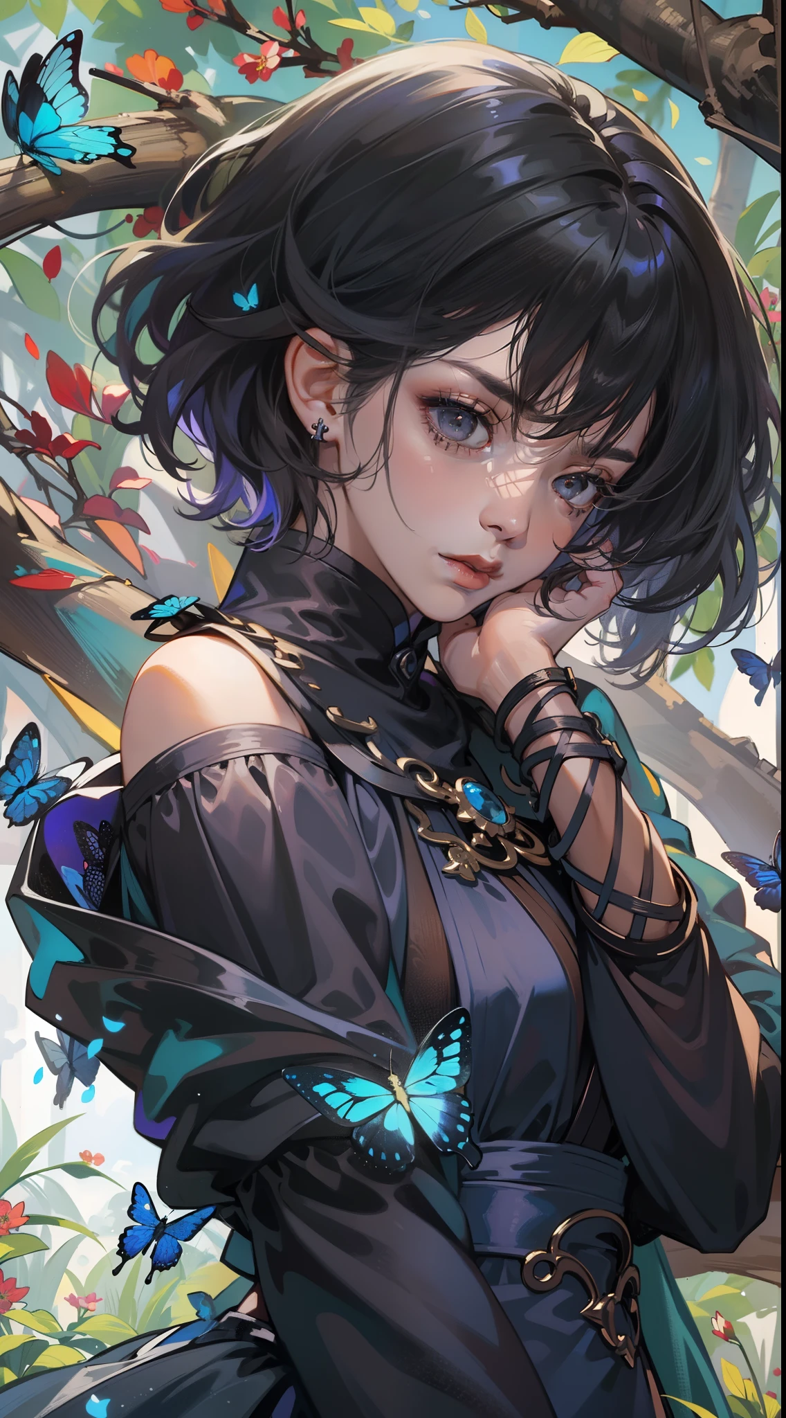 ((Superior quality, portraits, masterpieces, wallpapers 8K: 1.3)), (1 girl) with short wavy brown hair (((SHORT HAIR))), obsidian-like black eyes (((BLACK EYES))), (((ANNOYING, SERIOUS LOOK))) sitting on a branch of a mouse tree, bioluminescent blue butterflies, dark hour, perfect shadows and reflections of the moon on the scene. black dress covered, dark clothes of MOURNING, CLOTHES COVERING THEIR SKIN, TUNIC. (((PORTRAIT)))