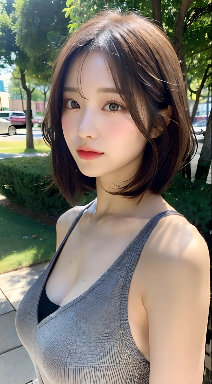 ((Best picture quality, 8K, tmasterpiece:1.3)), 1girll, Beautiful woman with slender abs:1.3, (Casual hairstyle, :1.2), Sexy dress，Ultra-fine face, 詳細な目, 二重まぶた，Smile with。Take pictures in cute poses，The figure is very bad，tiny small waist，Super big breasts，Close-up，Half-body close-up，White-skinned，Landscape background