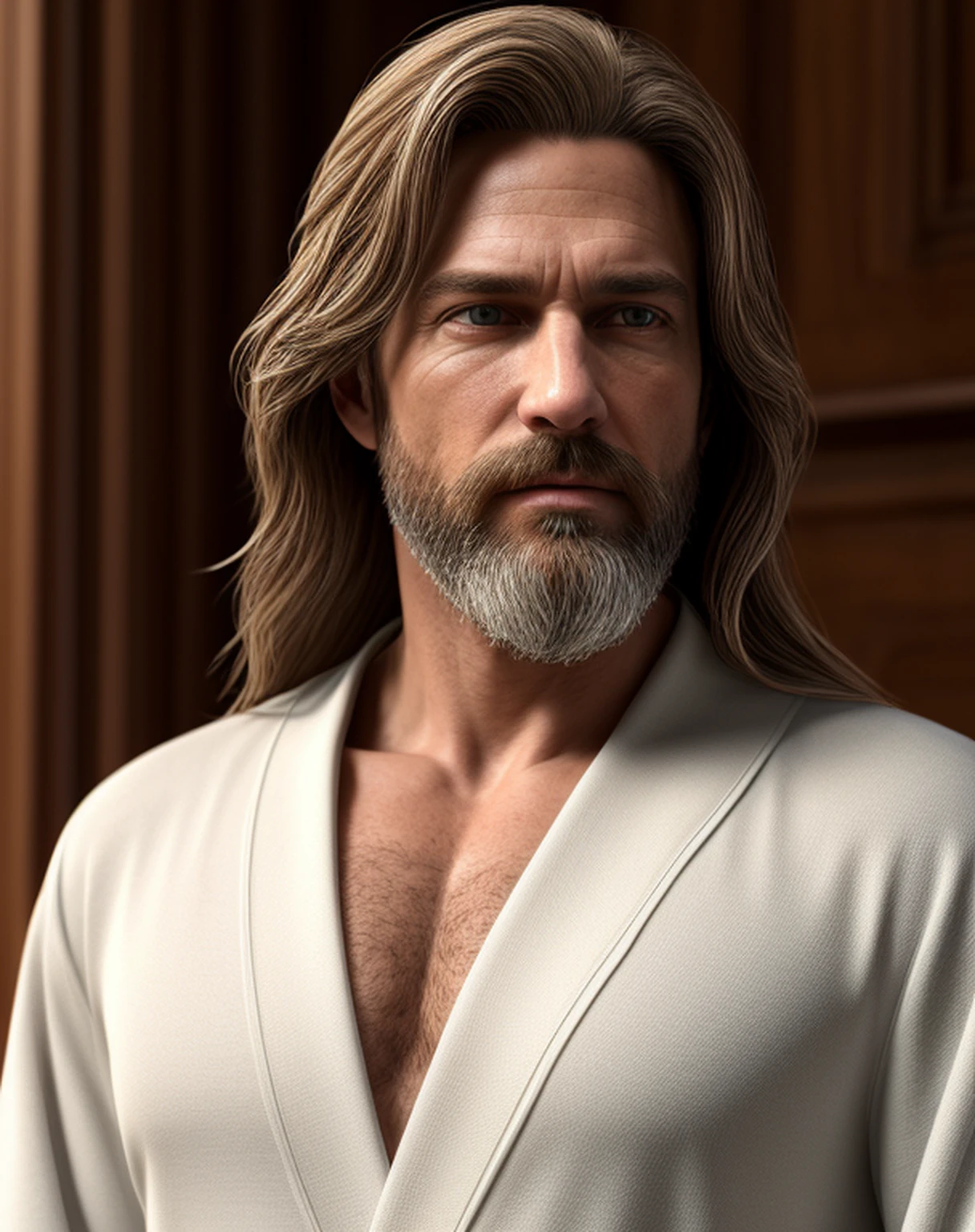 (symmetry),centered,a ((close)) up portrait,middle age man ,a very thin white man with long hair and a beard,wearing a long white robe,35mm,natural skin,clothes detail, 8k texture, 8k, insane details, intricate details, hyperdetailedhighly detailed,realistic,soft cinematic light,HDR,sharp focus, ((((cinematic look)))),intricate, elegant, highly detailed