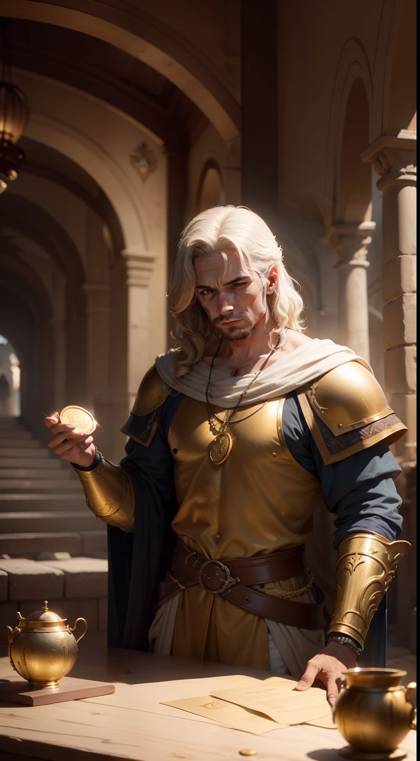 A foreign Samaritan holding gold coins in his hand, antiguidade, tempos medievais, Very high detail, 8k