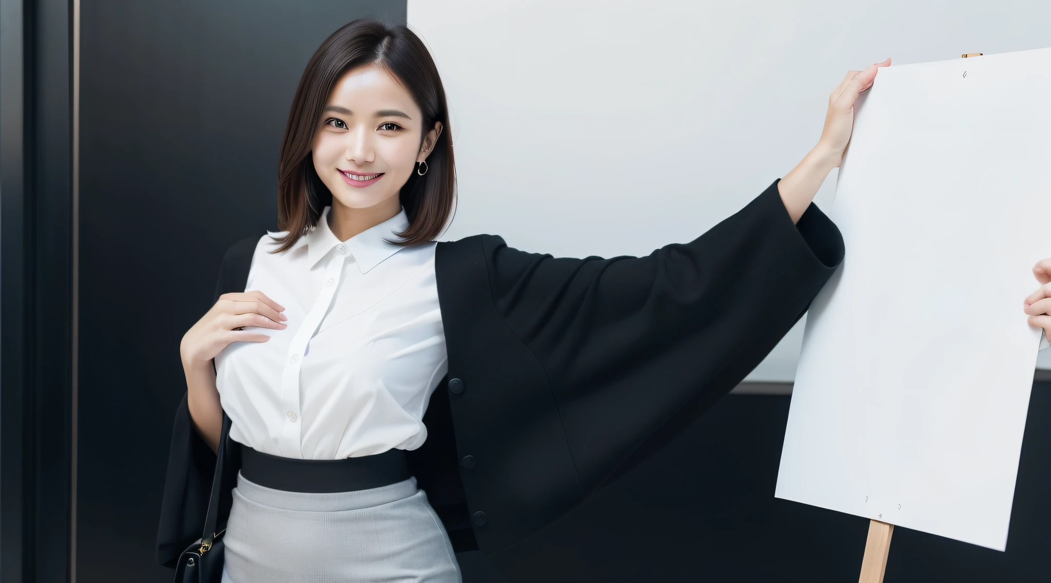 a woman,(solo:1.5) smile, medium breast, dynamic pose, model pose, white blouse, black pencil skirt,Holding_Sign, large signboard