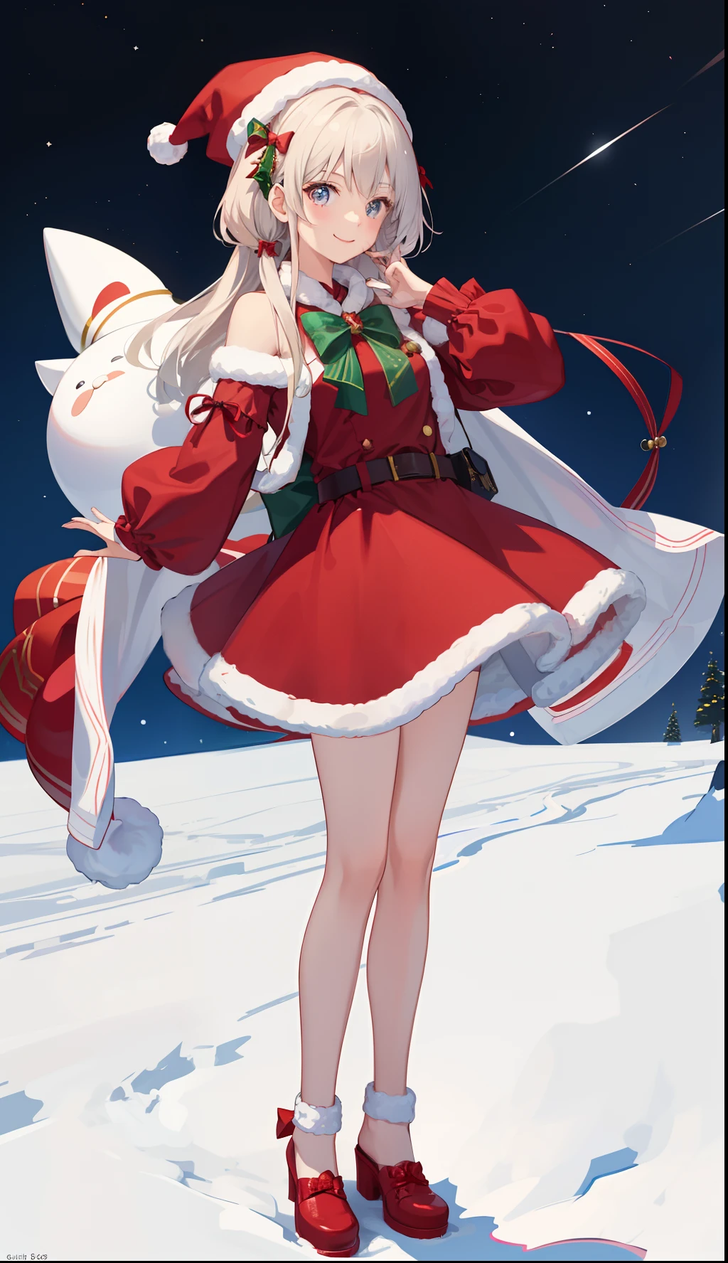 1 Girl, Clara \(Collapse: Star Trails\), Solitary, Red Eyes, whole body, permanent, Looking at the audience, Red Jacket, White Dress, Separate collar, sweater, snow, outdoor, snowman, A faint smile, barefoot, Thigh straps