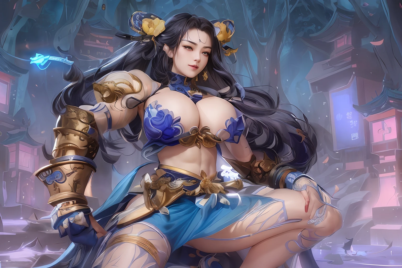 a woman in a blue dress with a large breast and a sword, bian lian, g liulian art style, inspired by Lan Ying, inspired by Pu Hua, inspired by Ju Lian, ne zha from smite, inspired by Zhao Zuo, 2. 5 d cgi anime fantasy artwork, portrait of chun - li, 8k high quality detailed art