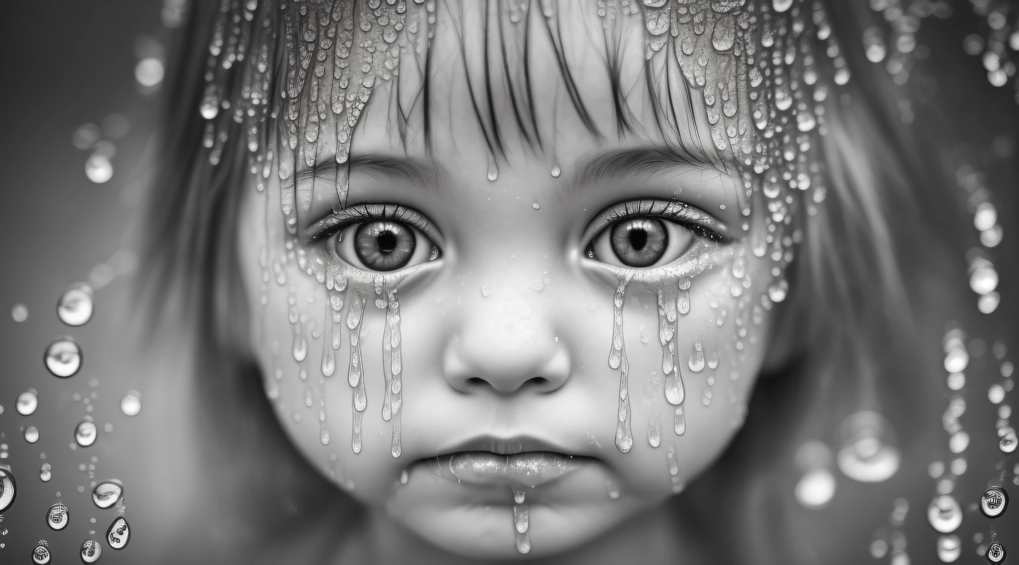 a BLONDE CHILD girl with a wet head, Retrato chovendo, Foto premiada da chuva, dripping with water, black and white artistic photo, gotas de chuva no rosto, derretimento e gotejamento. estranho, water manipulation photoshop, covered in water drops, t, Chovendo