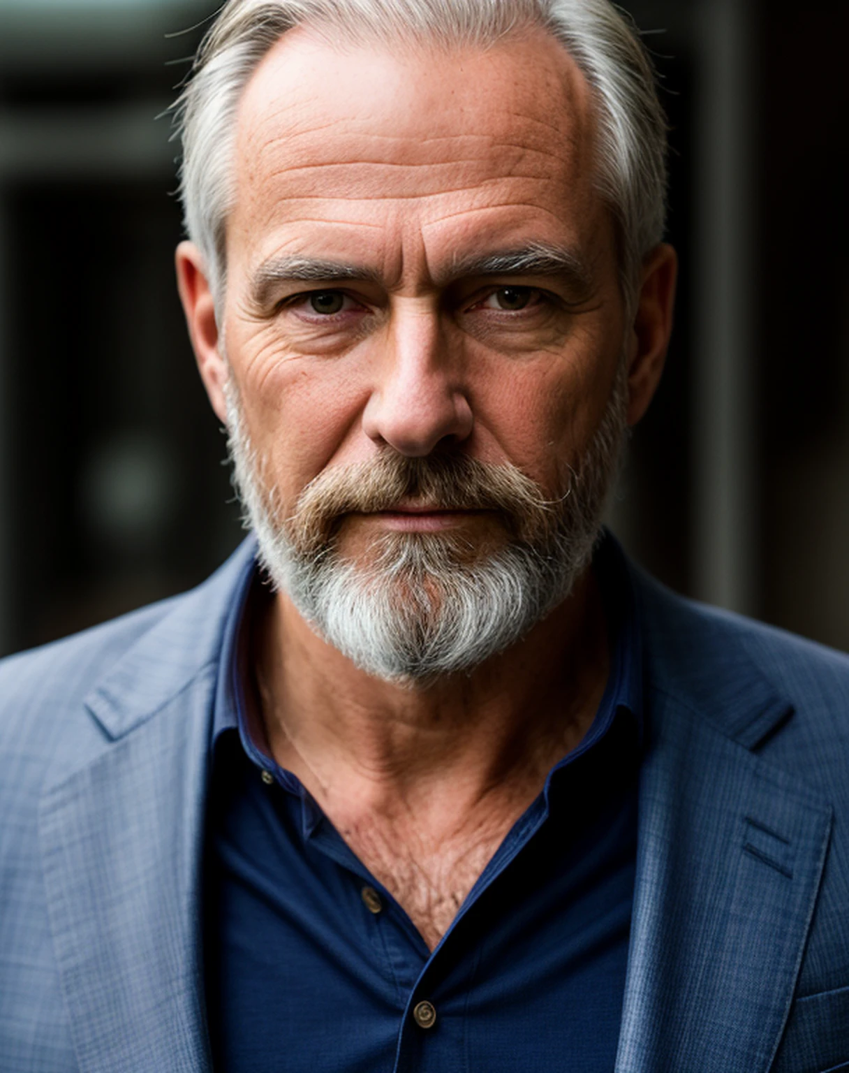 (symmetry),centered,a ((close)) up portrait, old man, a beard, wearing a blue suit, dlsr, 35mm, natural skin, clothes detail, uhd, hdr, 8k texture, 64k, insane details, intricate details, hyper detailed, realistic, soft cinematic light, sharp focus, ((((cinematic look)))), intricate, elegant, highly detailed, professional photgraphy