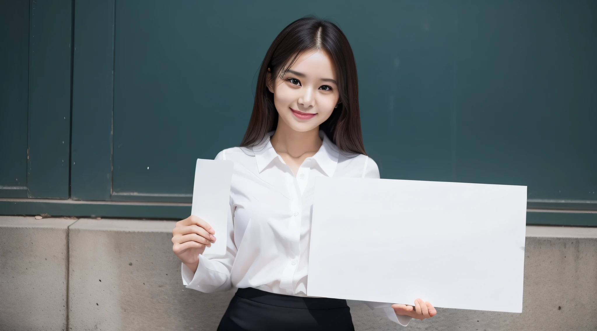 a woman,(solo:1.5) smile, medium breast, dynamic pose, model pose, white blouse, black pencil skirt,Holding_Sign, large signboard