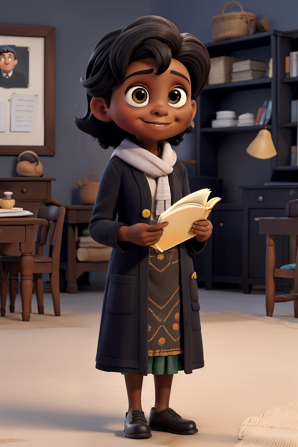 close-up de uma menina negra:3 em.............3d, coffee-colored skin:2, with a book in your hands, Chibi Digita | | | | ,obra-prima, de melhor qualidade, an old woman in a handkerchief, wearing a black coat and white scarf, cabelos cacheados, cachos longos, Standing in the park, segurando um livro e apontando para ele