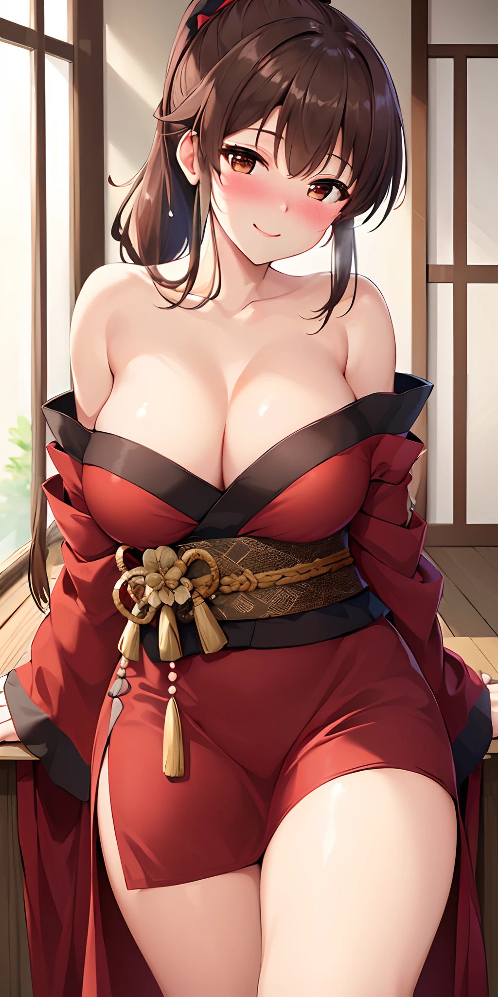 (Best quality:1.3), brown ponytail, large breasts, , off shoulder kimono, (pov, close shot, blushing:1.1), smiling