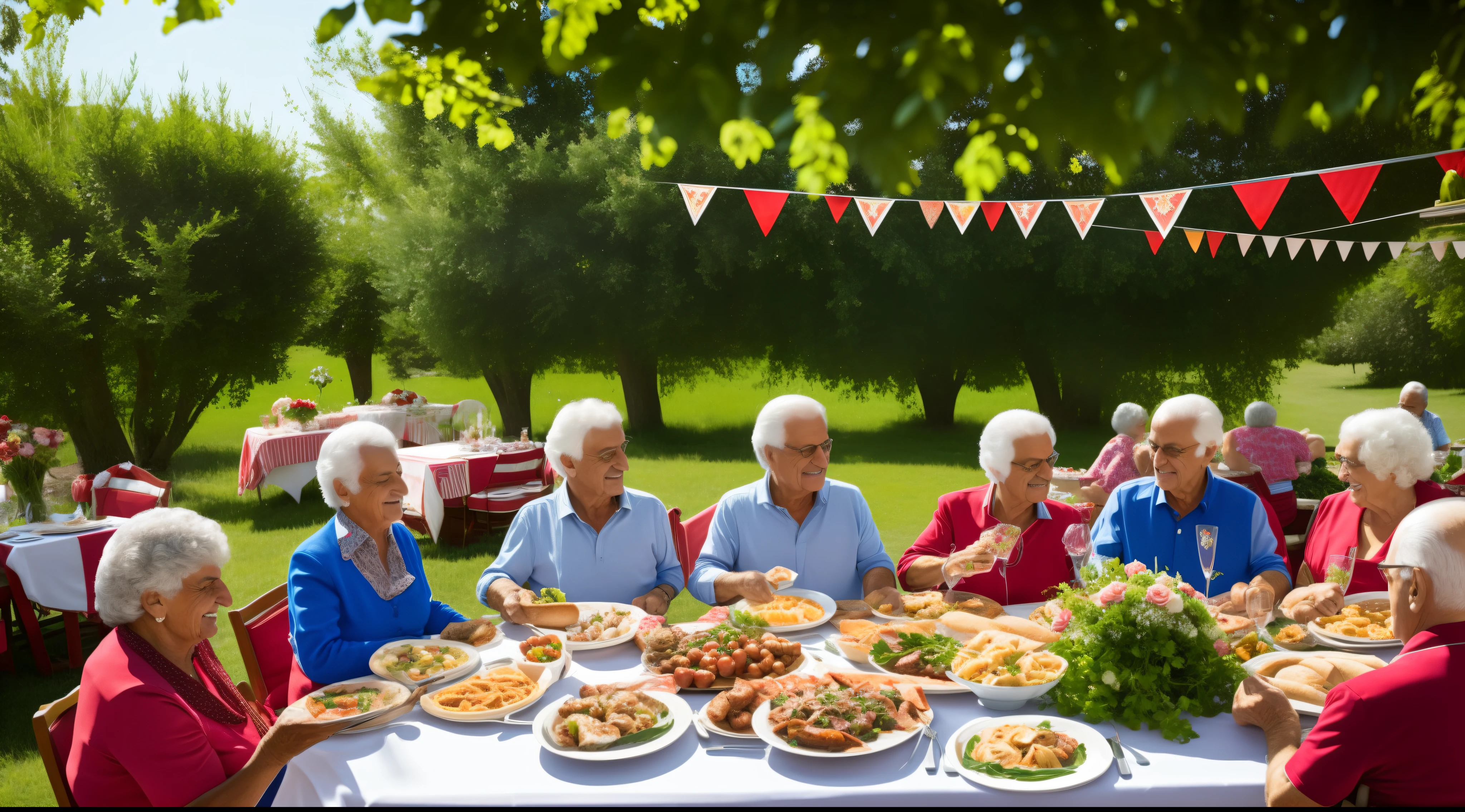 Italian seniors, celebrate, typical Italian feast, food, festival decoration, Italian scene, outdoors, trees, flowers,