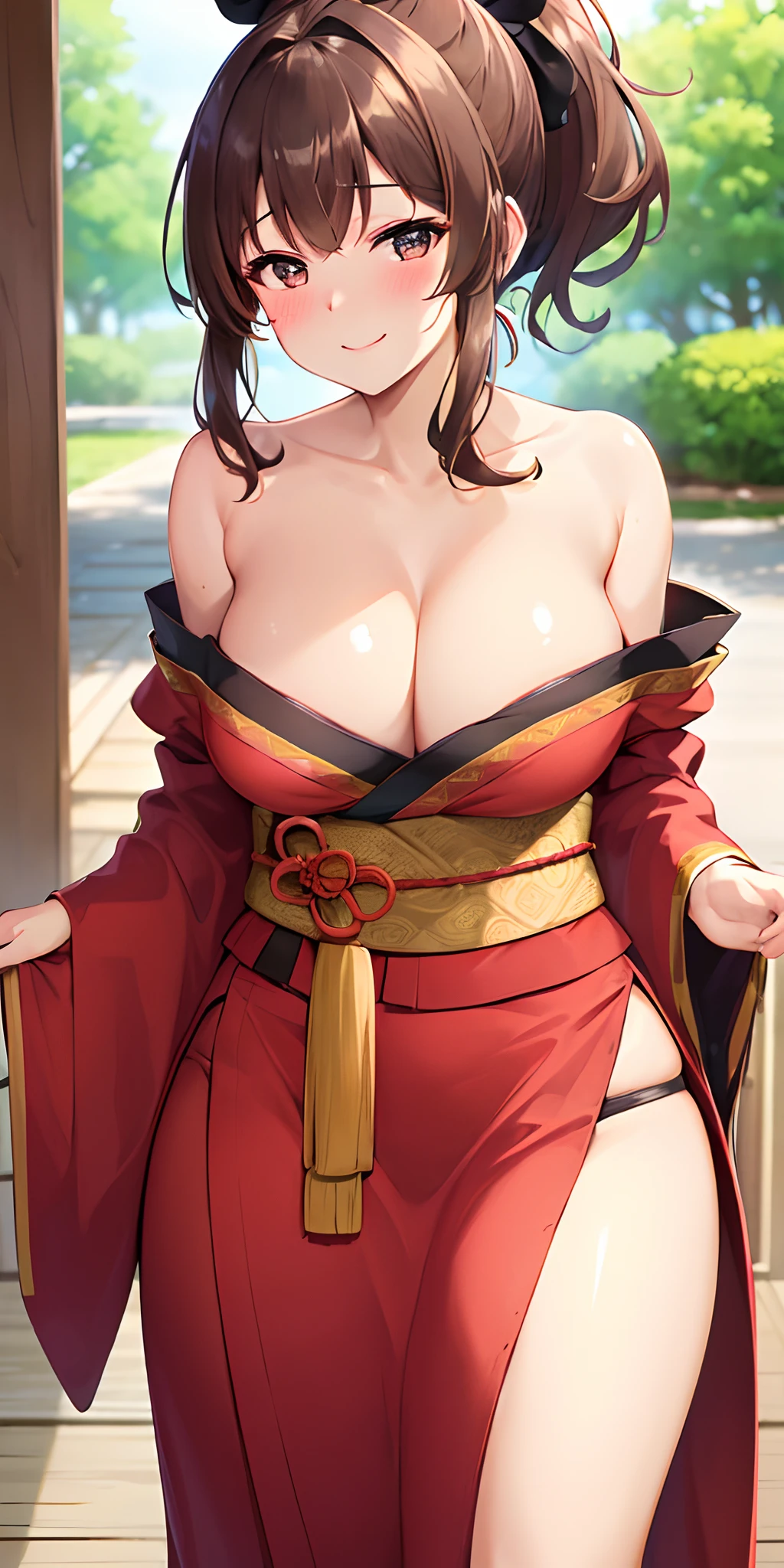 (Best quality:1.3), brown ponytail, large breasts, , off shoulder kimono, (pov, close shot, blushing:1.1), smiling