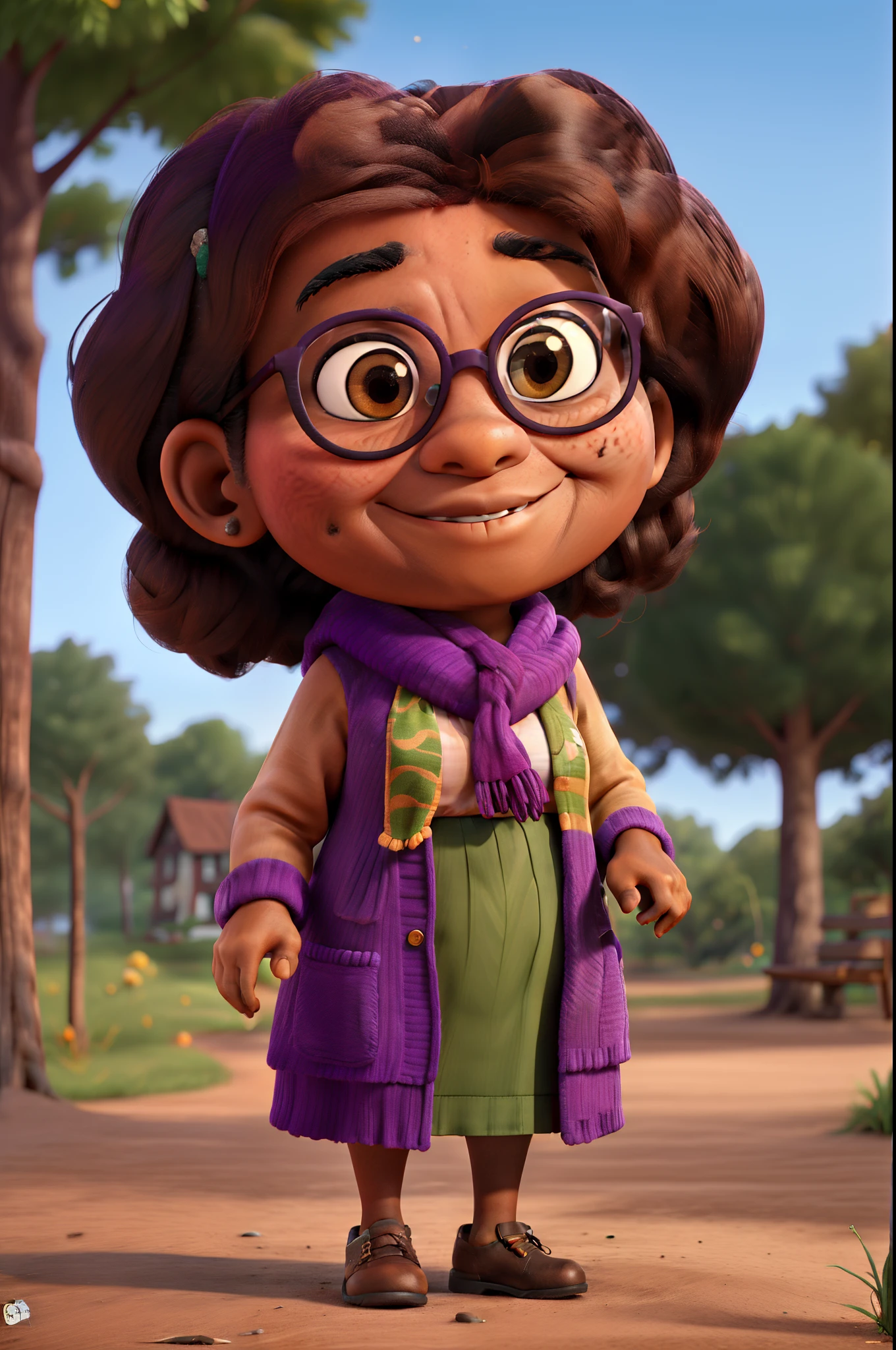 close-up de uma menina morena:2 em.........3d, coffee-colored skin:2, with a microphone in your hands, Chibi Digita | | ,obra-prima, de melhor qualidade, an elderly woman in glasses and a scarf, wearing a purple coat and green scarf, Standing in the park